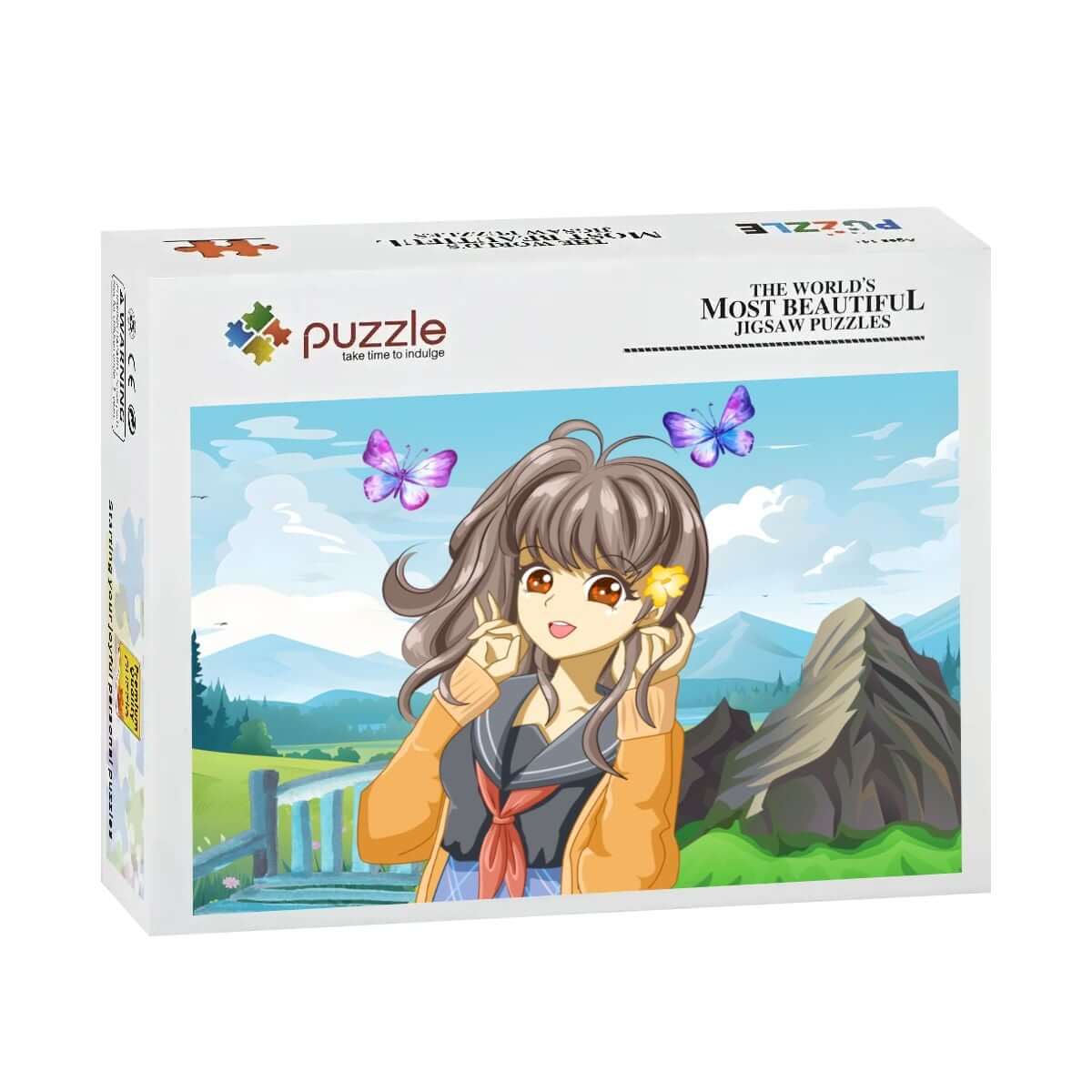 Anime-themed puzzle box with scenic mountain background and butterflies.