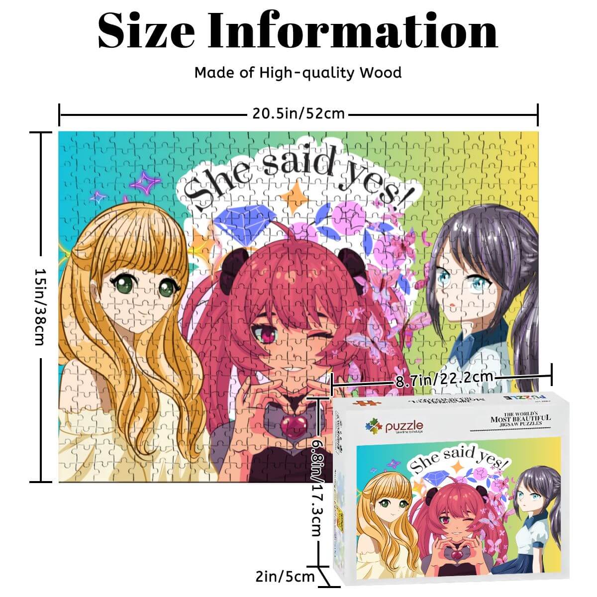 500-teiliges Holzpuzzle (horizontal) mit buntem Design von drei Charakteren, 52 x 38 cm, aus hochwertigem Lindenholz.