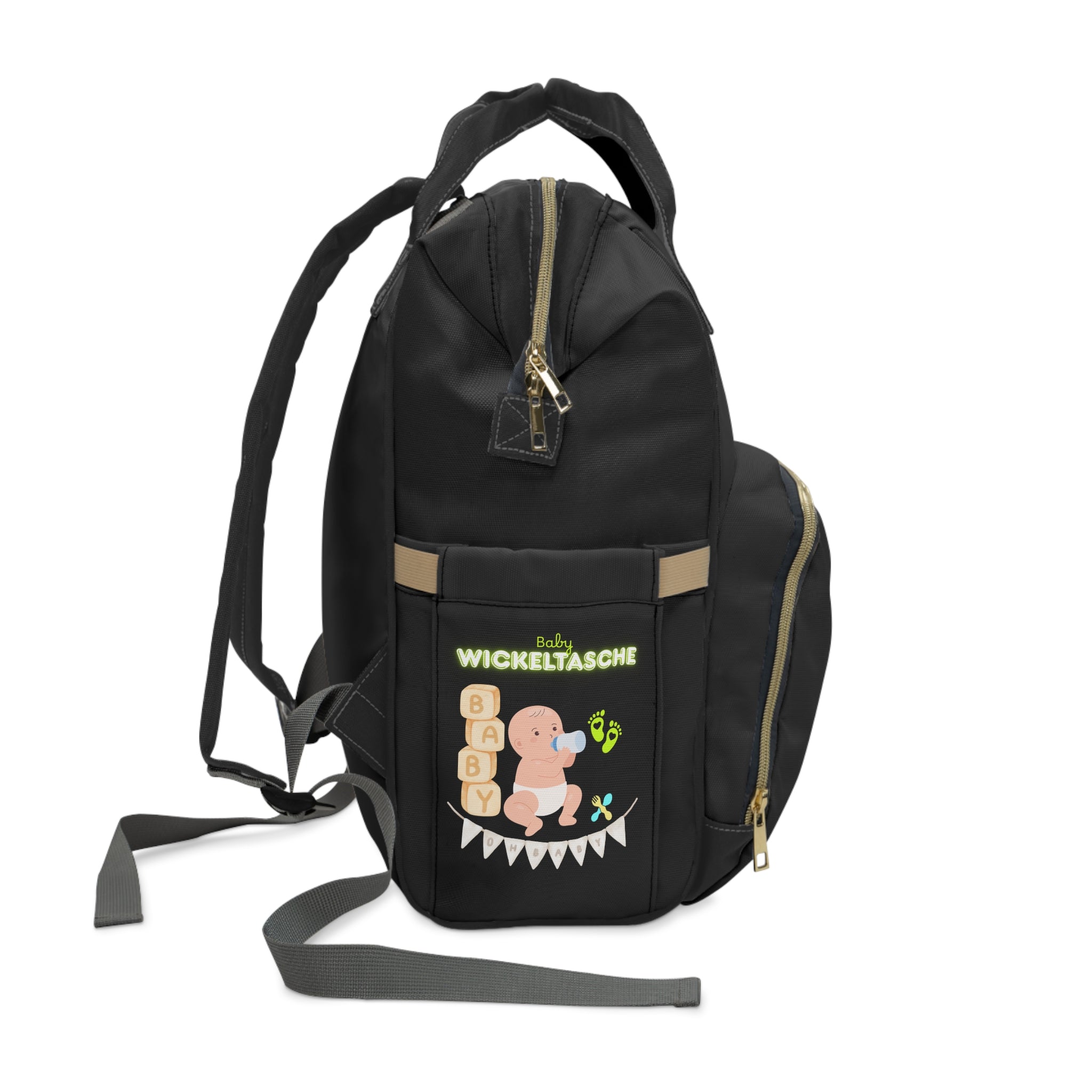 Stylischer multifunktionaler Wickelrucksack für moderne Eltern schwarz mit ein Baby Design und Mama