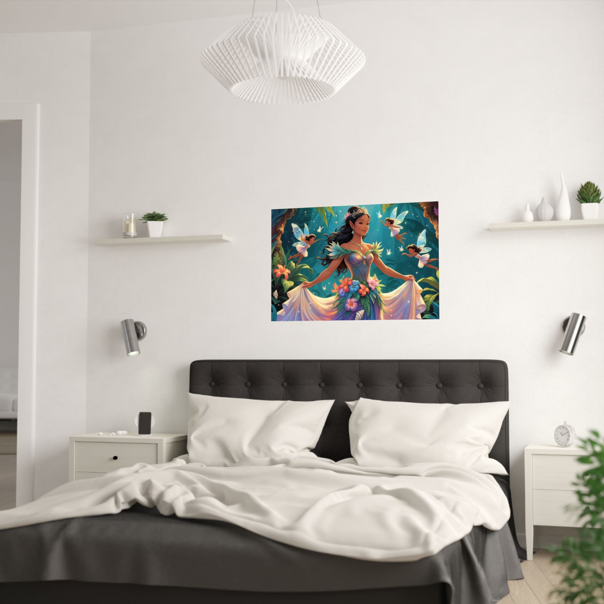 Zauberhafter Feen-Wandkunstdruck, Verträumtes Wohndekor Fantasy Design über das Bett