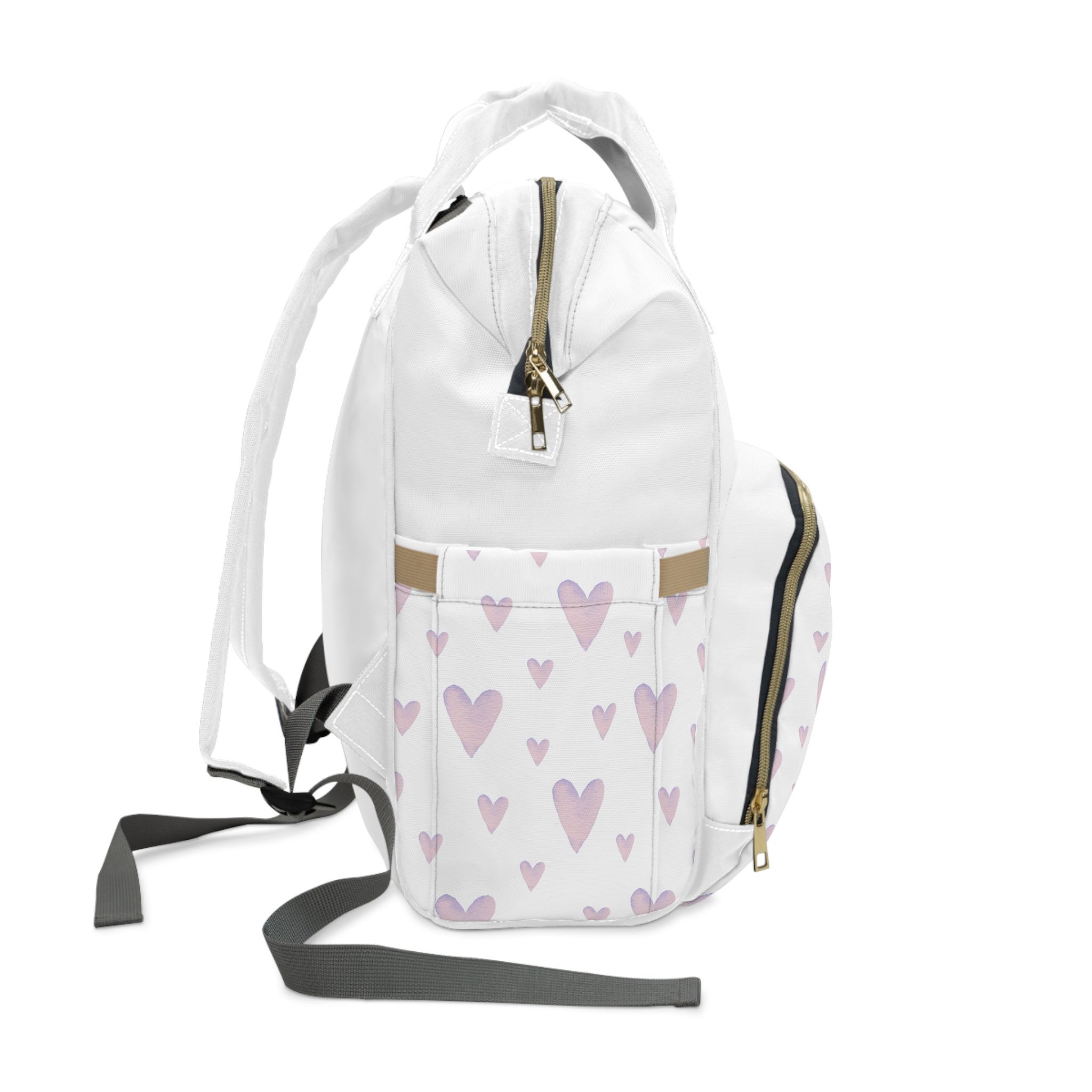 Süßer multifunktionaler Wickelrucksack mit Herz-Design – ideal für junge Mütter Seite mit Taschen