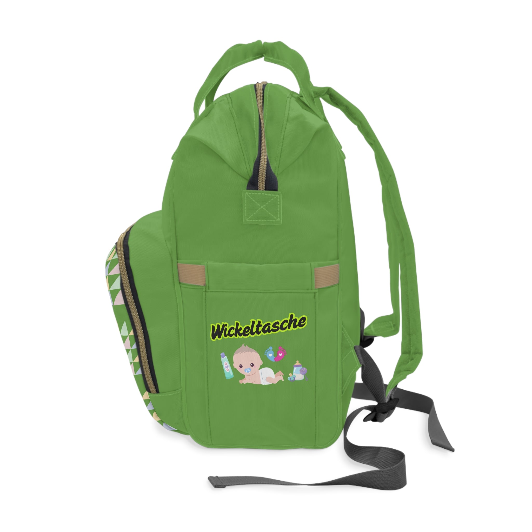 Bunter multifunktionaler Wickelrucksack für Eltern ideal für die Babypflege grün Seitenansicht