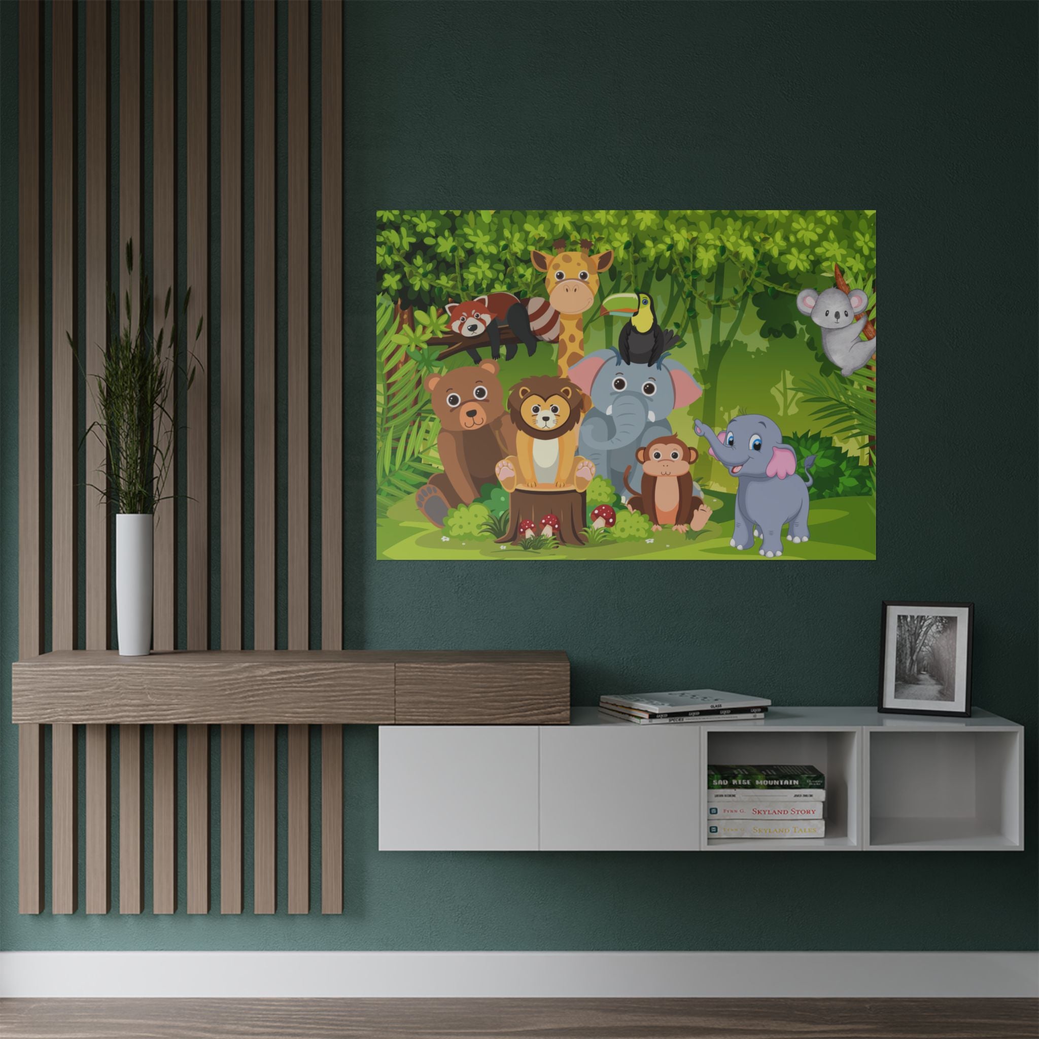 Buntes Satin-Poster mit Tierfreunden Kinderzimmer-Dekor über die Anrichte