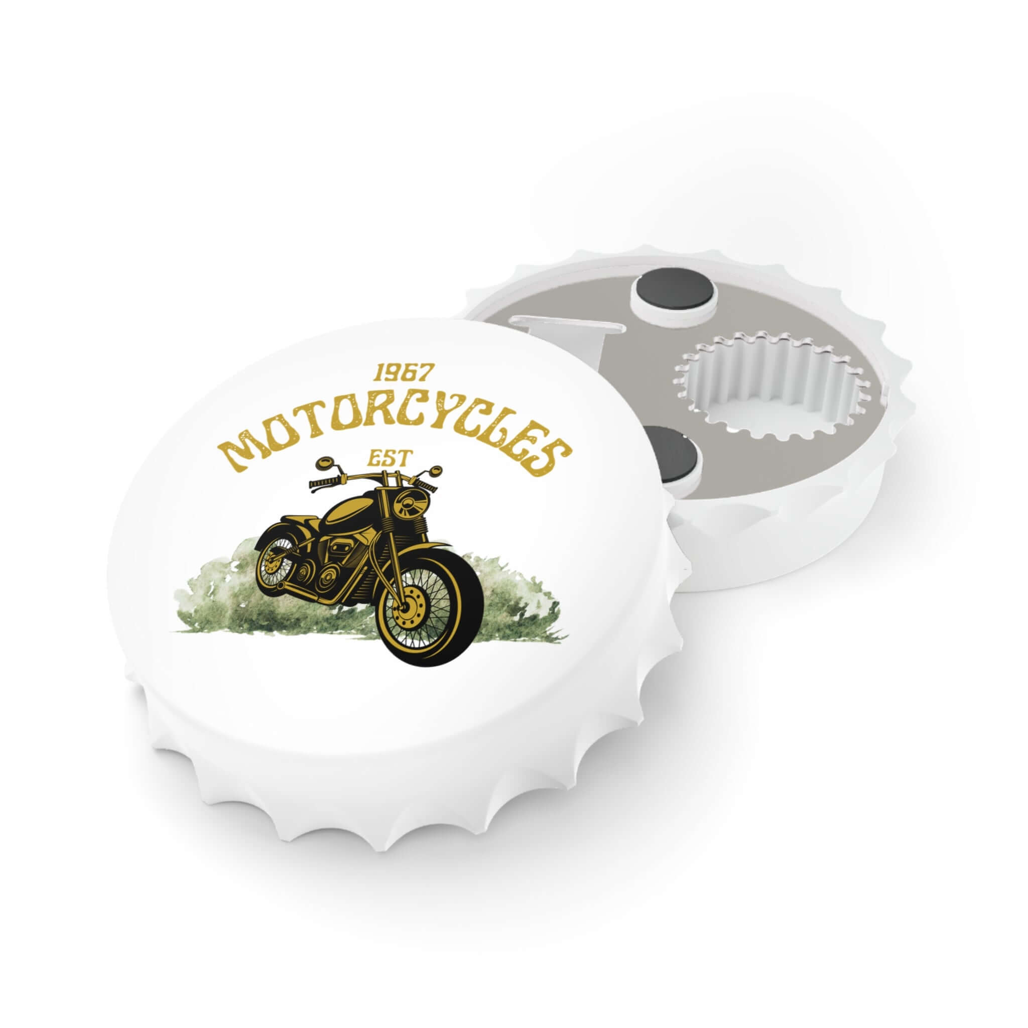 Motorrad-Flaschenöffner mit ein Design Ein Flaschenöffner, der nicht nur praktisch ist, sondern auch den Spirit der 60er-Jahre einfängt. Mit seinem Motorrad-Design im Vintage-Stil von 1967 wird er zum kultigen Accessoire für Sammler und