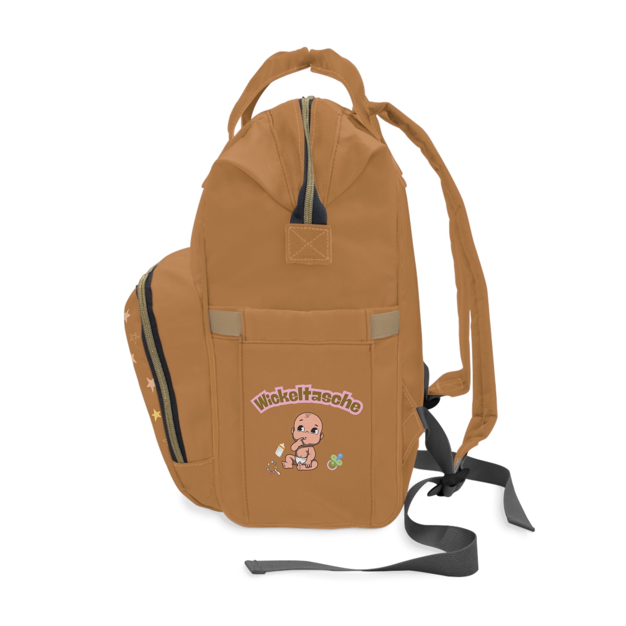 Stylischer multifunktionaler Wickelrucksack  mit ein Baby Design und Sterne in Hellbraun Seitenansicht mit Tasche