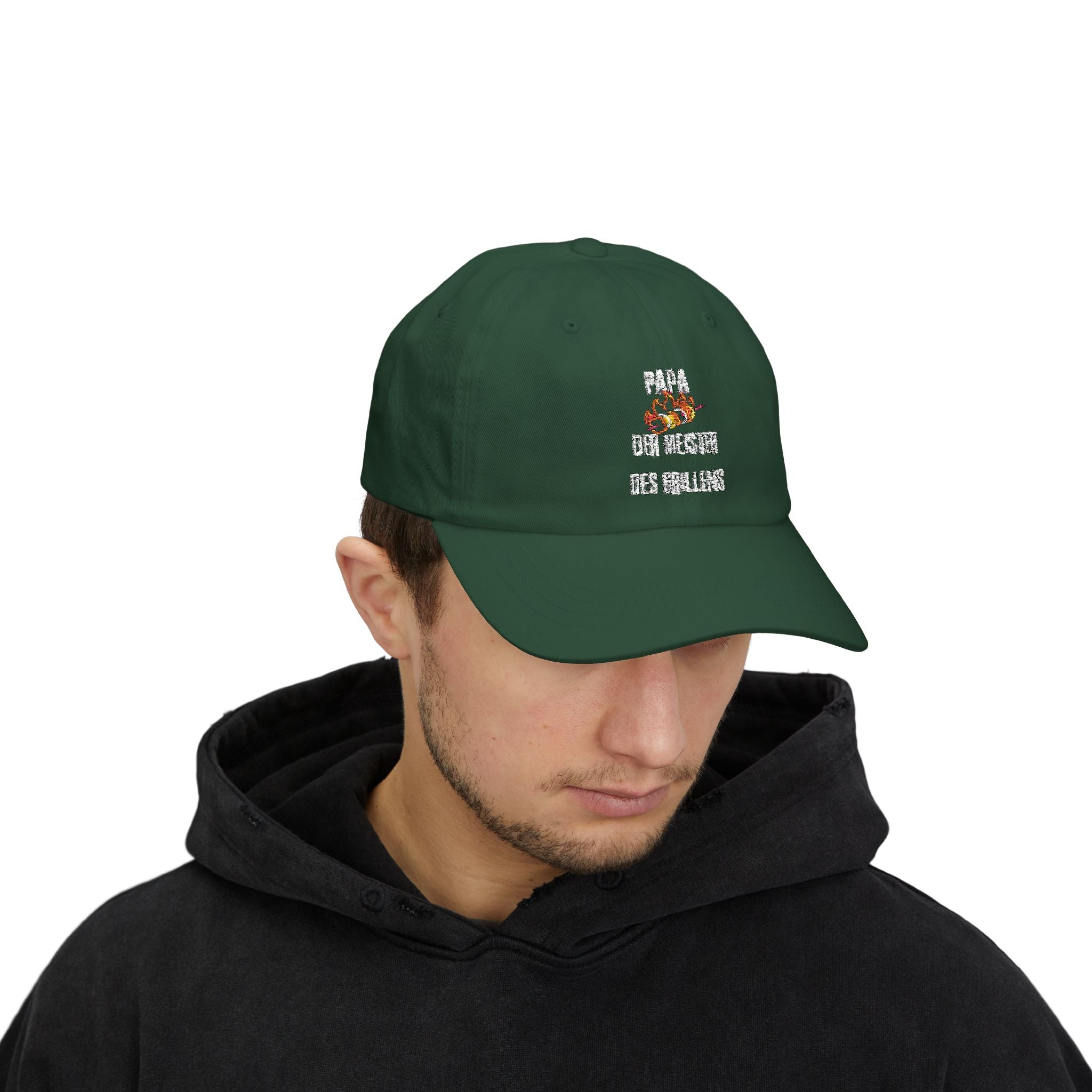 Low Profile Baseball Cap für den Papa mit ein Spruch in Grün auf den Kopf