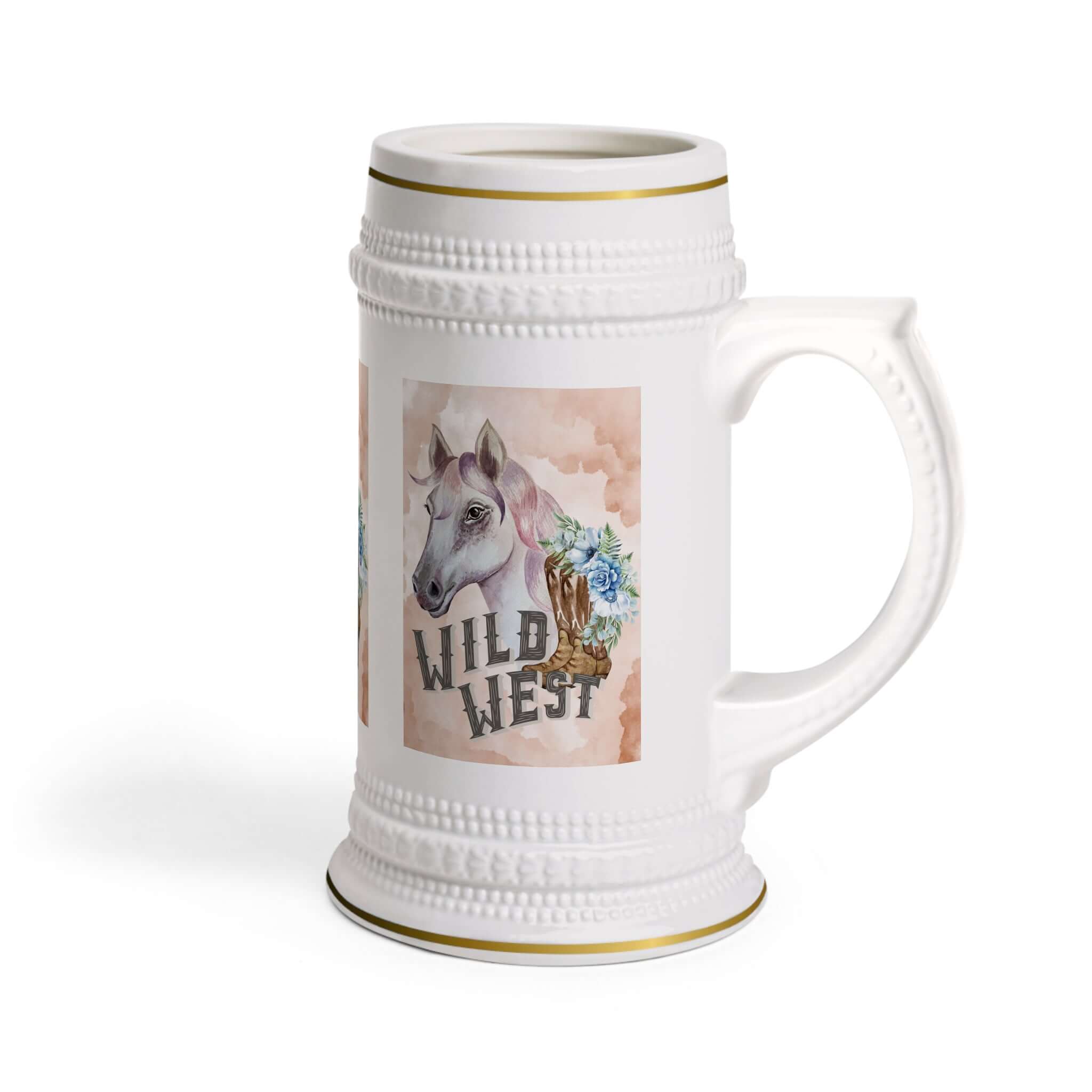 Bierkrug mit Pferdemotiv Ein Bierkrug, der nicht nur praktisch ist, sondern auch mit einem eleganten Pferdemotiv begeistert. Perfekt für Reitsport-Fans, Pferdeliebhaber oder als originelles Geschenk. Design: Stilvolles Pferdemotiv – dynamisch, edel und a