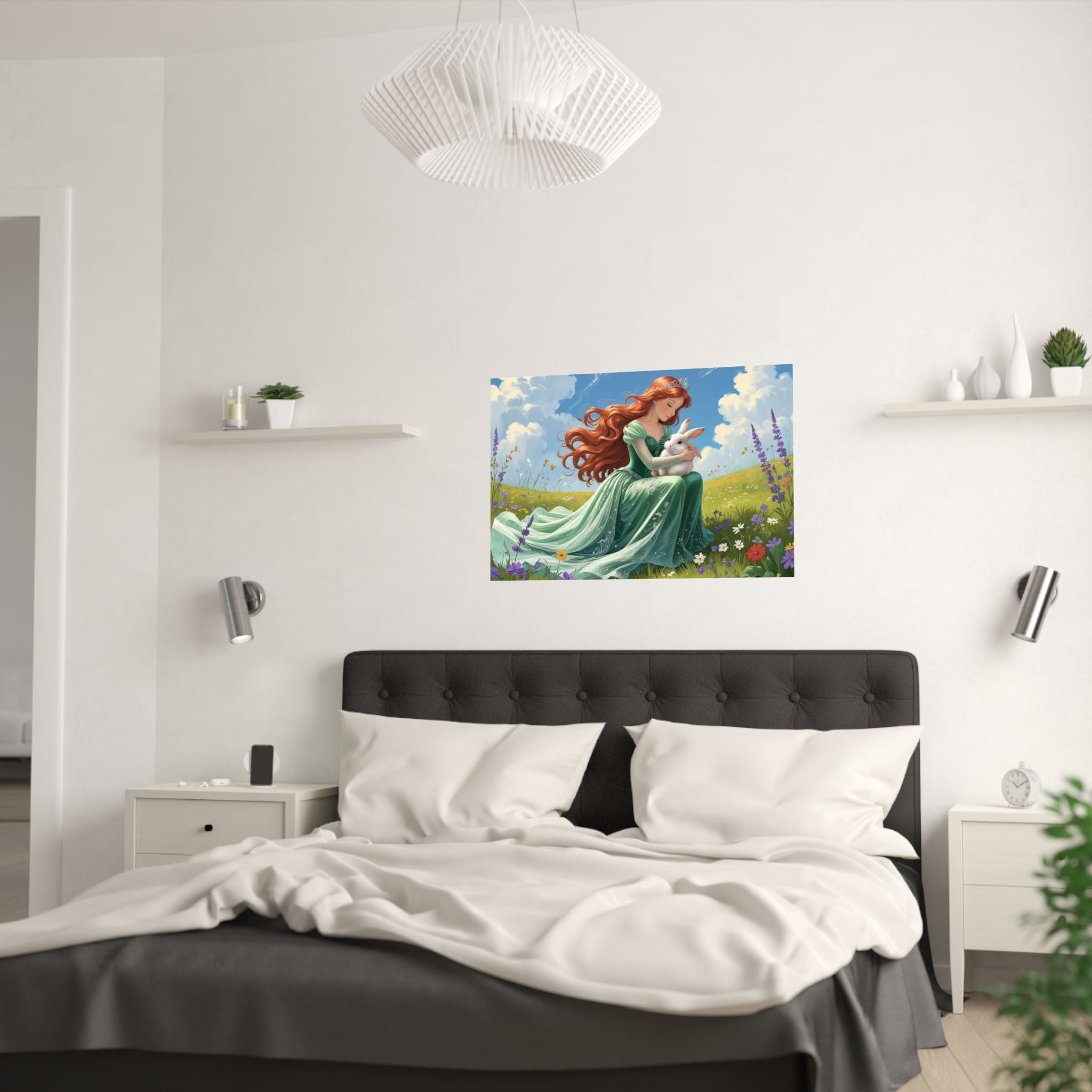 Wunderliches Satin Poster, Zauberhafte  Prinzessin & Hase Design hängt über das Bett