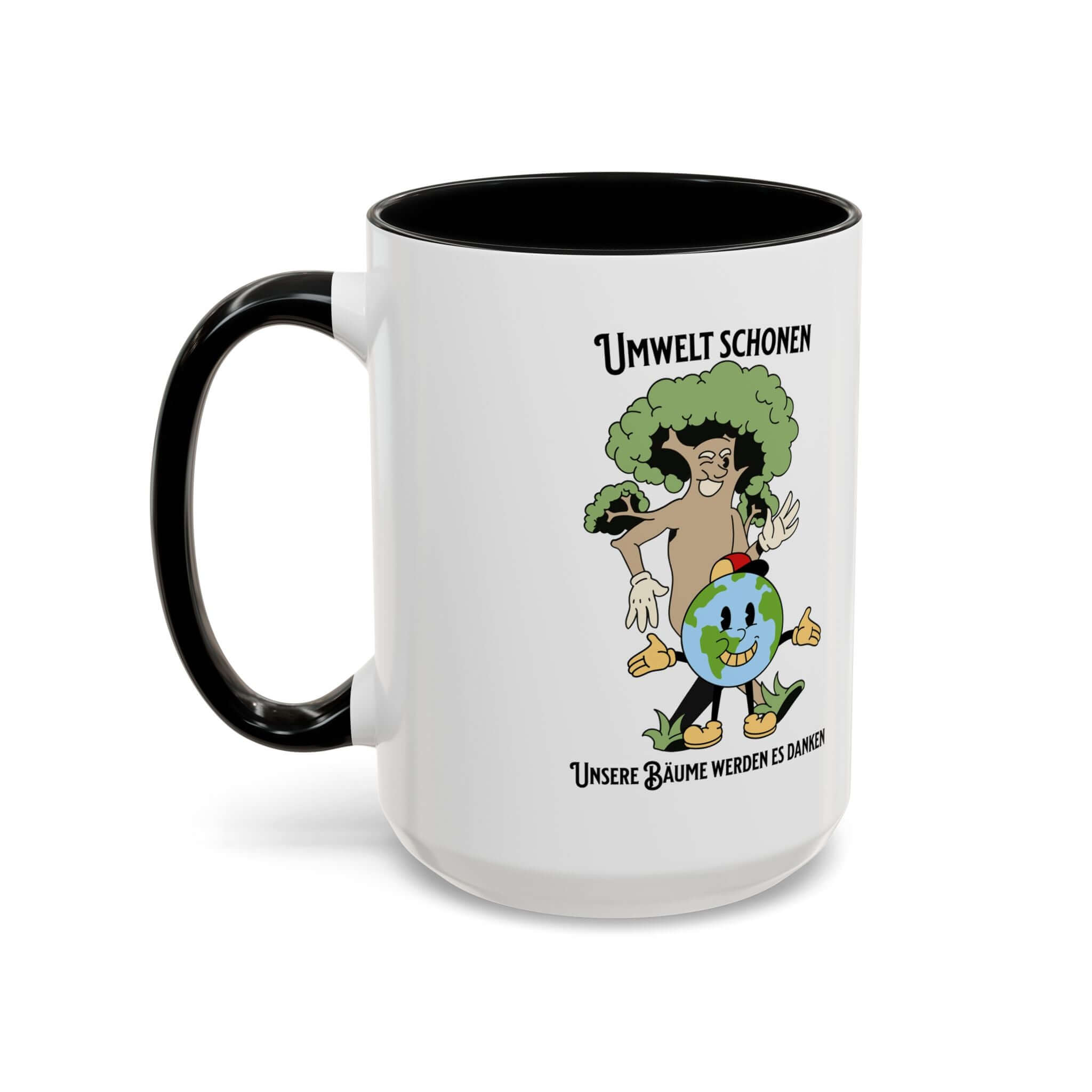 Kaffeetasse Umweltliebhaber Geschenk mit lächelnder Erde und Baum, schwarzer Henkel, ideal für Gartenliebhaber. Details für Kaffeetasse ansehen.