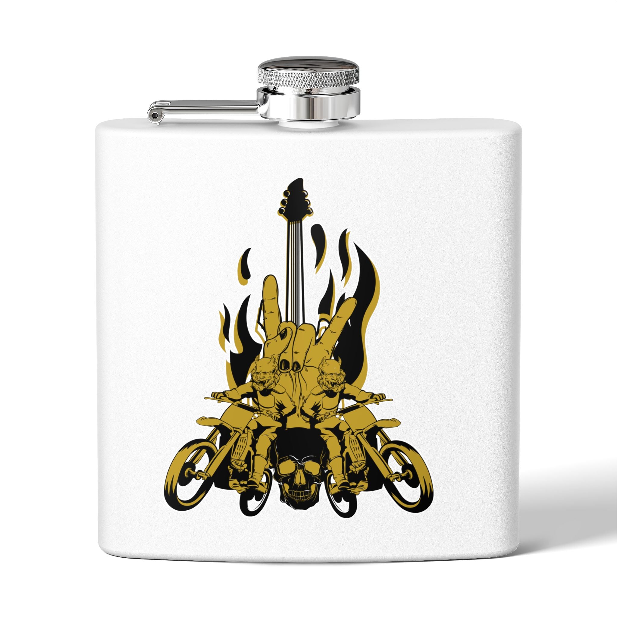 Edelstahl-Flachmann mit Rock 'n' Roll-Motiv Totenkopf- und Gitarren-Design weiß
