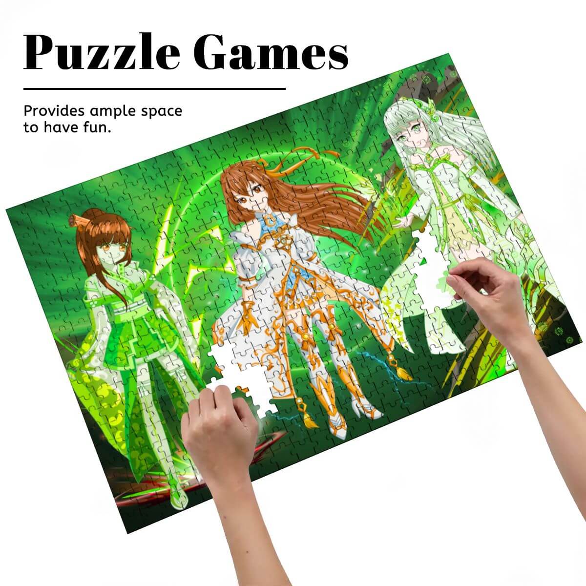 500-teiliges Holzpuzzle (horizontal) mit Charakteren, Hand, die Puzzlestücke zusammenfügt