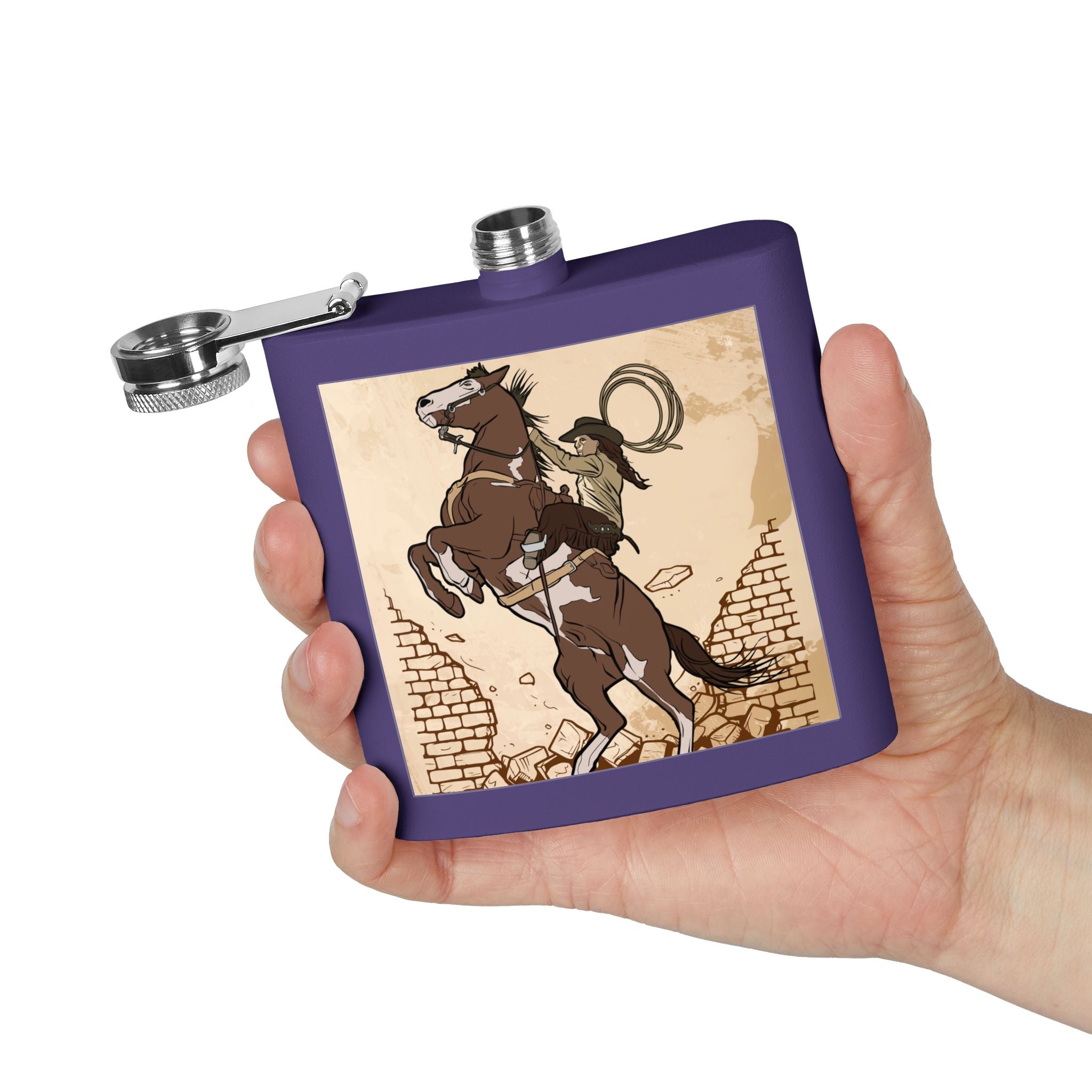 Edelstahl-Flachmann mit Cowboy-Motiv Trinkgefäß für Abenteurer lila in der Hand