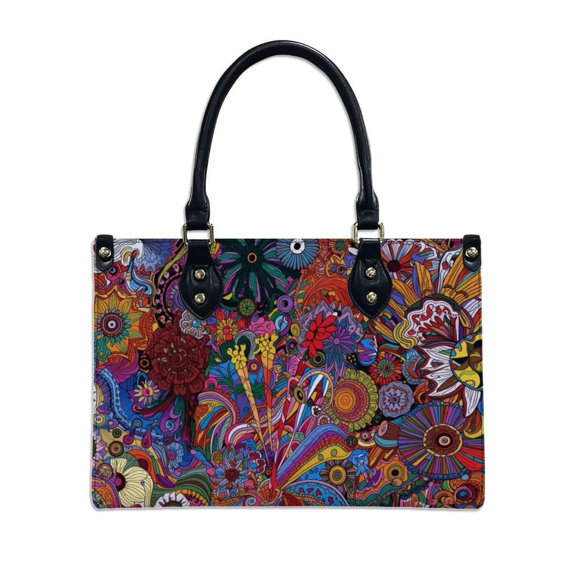 Colorful PU Tote Bag for Women with black handles, vibrant UV printed patterns, ideal for stylish, everyday use. Details für PU-Tragetasche für Damen ansehen.