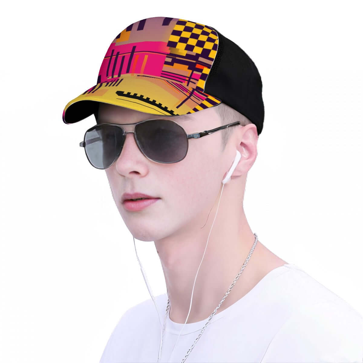 Mann mit Baseballkappe mit Mesh-Einsatz, Polyester-Twill-Stoff, sublimierter einseitiger Druck, bequem und atmungsaktiv