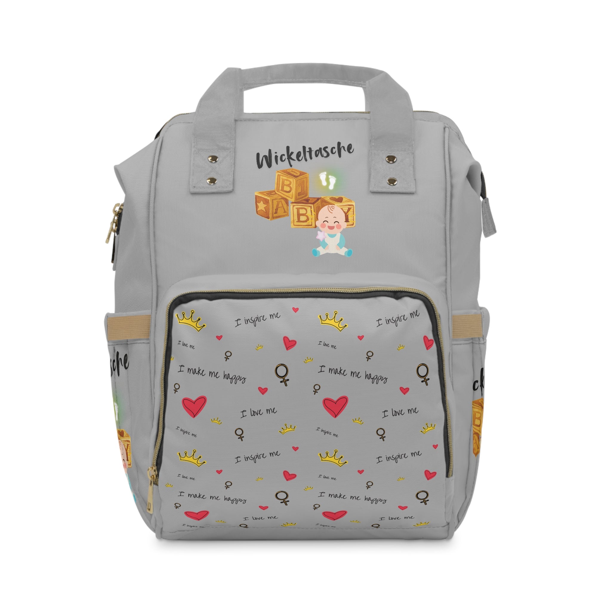 Stylischer multifunktionaler Wickelrucksack  mit ein Baby Design  mit ein Baby Design Herzen und Kronen in Grau