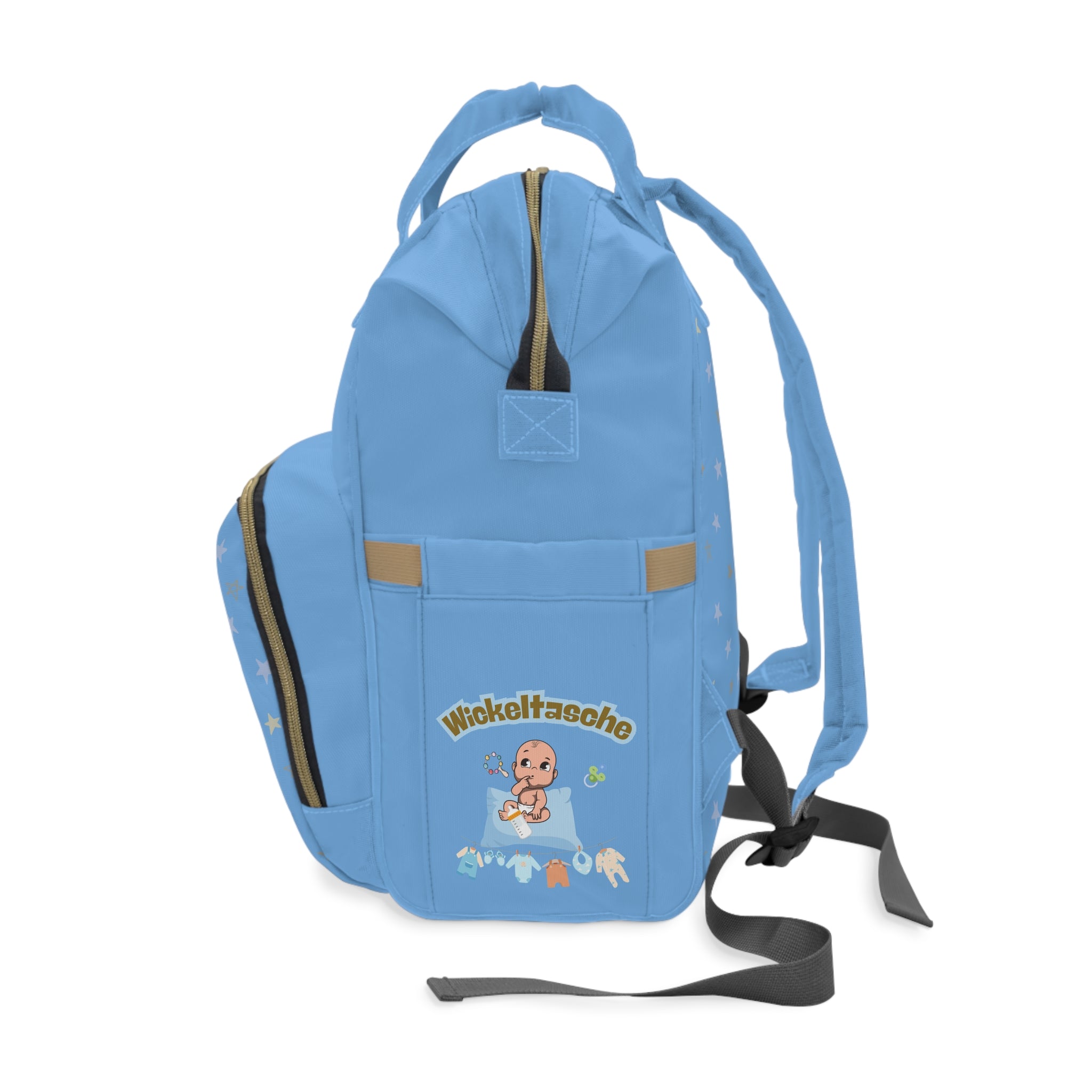 Stylischer multifunktionaler Wickelrucksack für trendige Eltern - Blau mit Sternen-Design seite