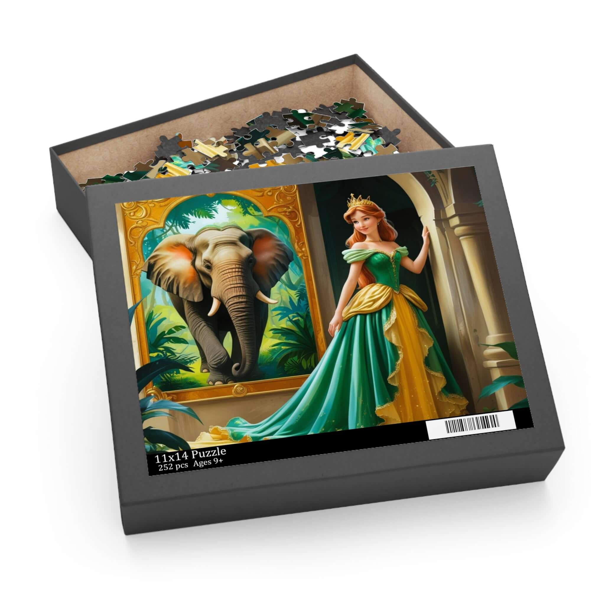 Puzzle Märchenprinzessin & Elefant 252-teiliges zeigt Prinzessin in smaragdgrünem Kleid neben Elefant und Dschungelpanorama