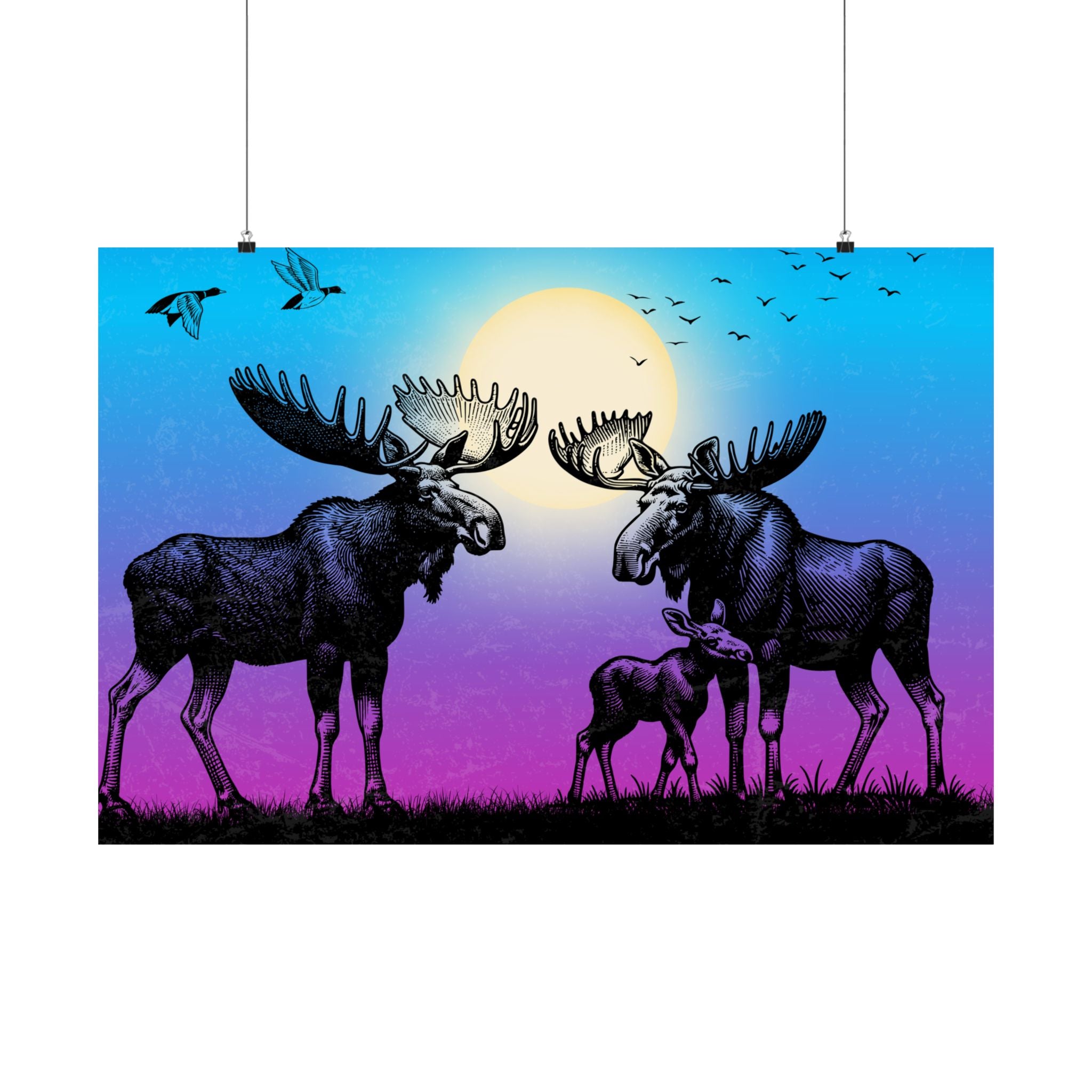 Elch Familie Satin Poster Kunstdruck, Wildlife Dekor, Naturliebhaber Schatten Poster