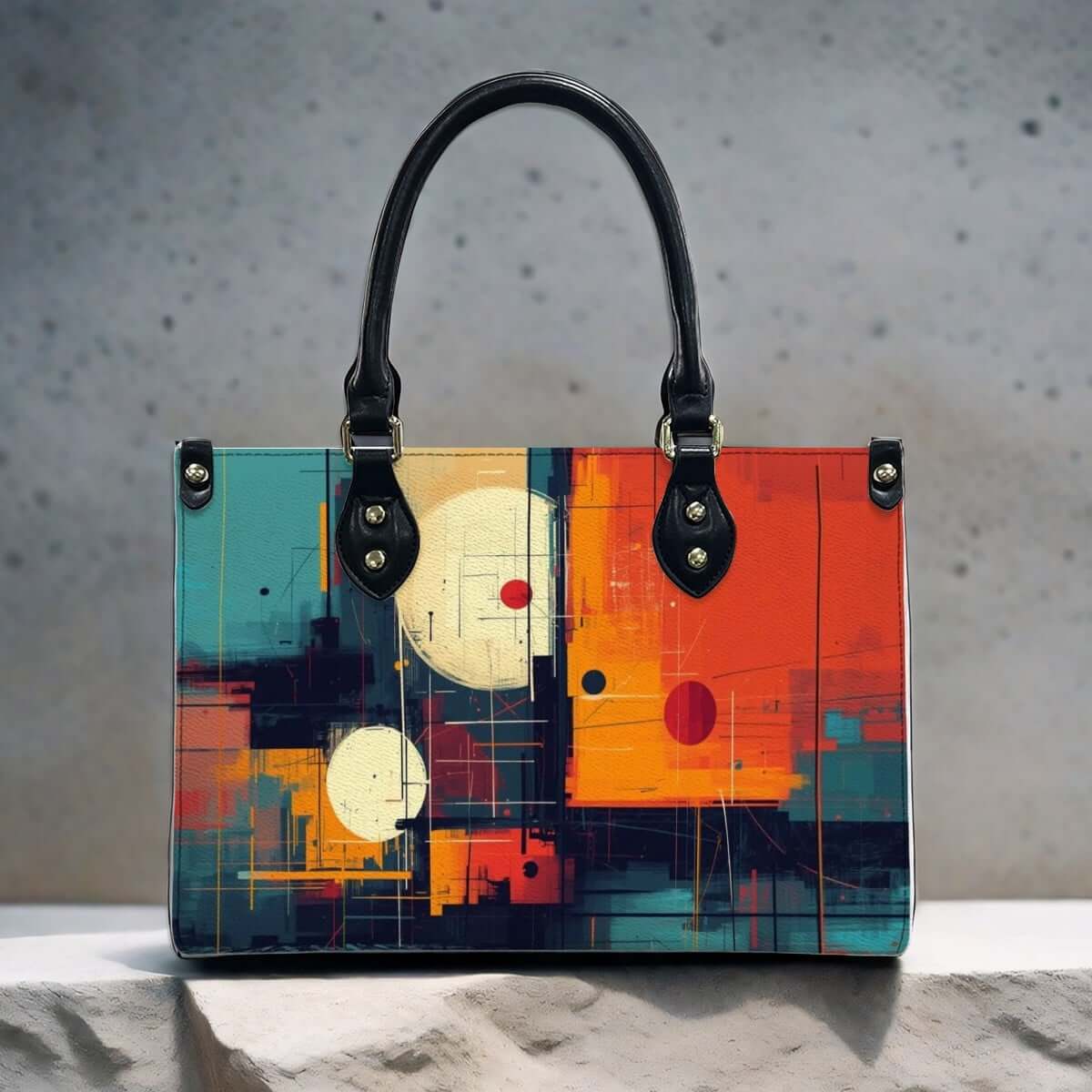 PU Tote Bag for Women with colorful abstract pattern and black handles, featuring UV printing technology. Details für PU-Tragetasche für Damen ansehen.