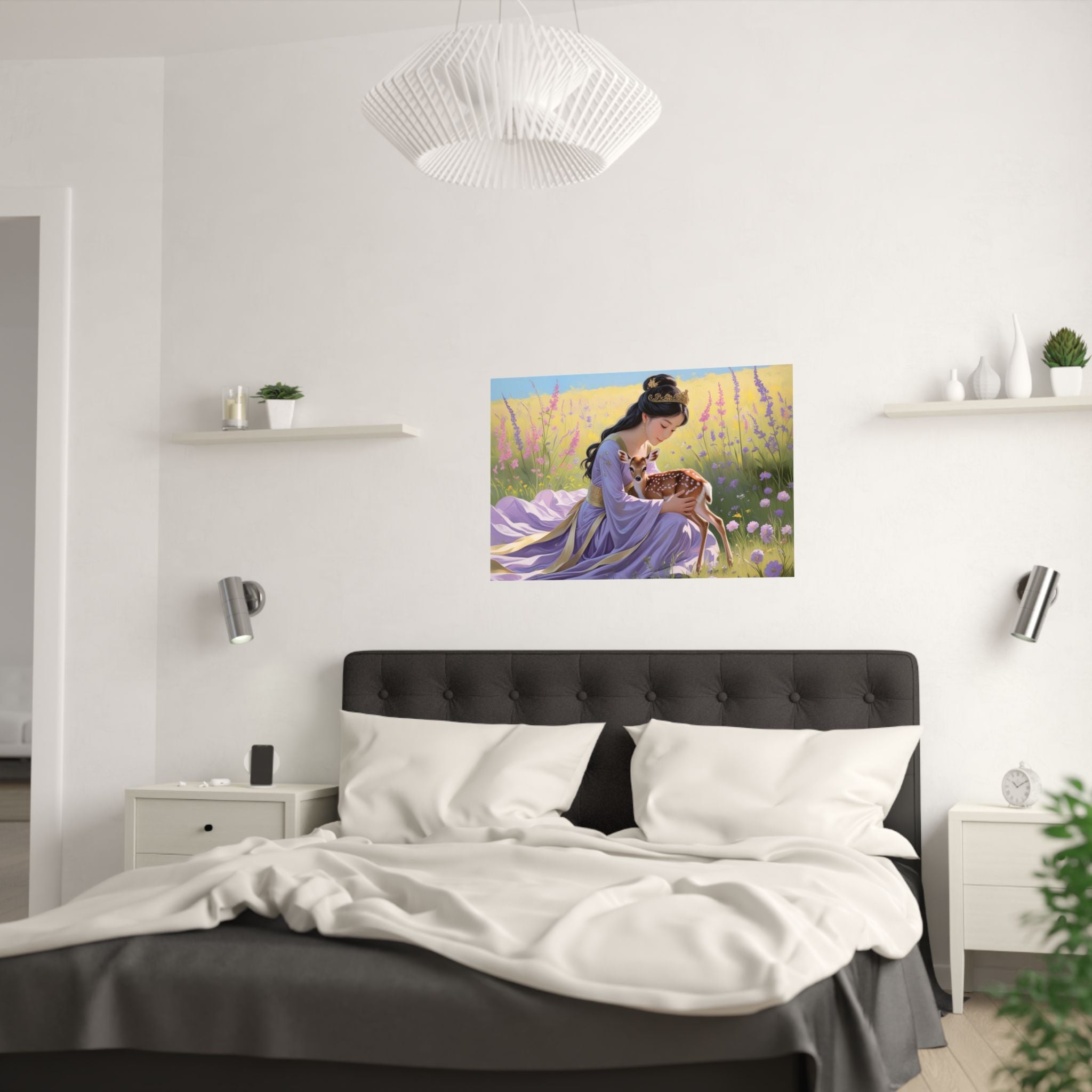 Zauberhafte Satin-Wandkunst: Wunderliches Naturposter  mit eine Prinzessin und ein Rehkitz hängt über das Bett
