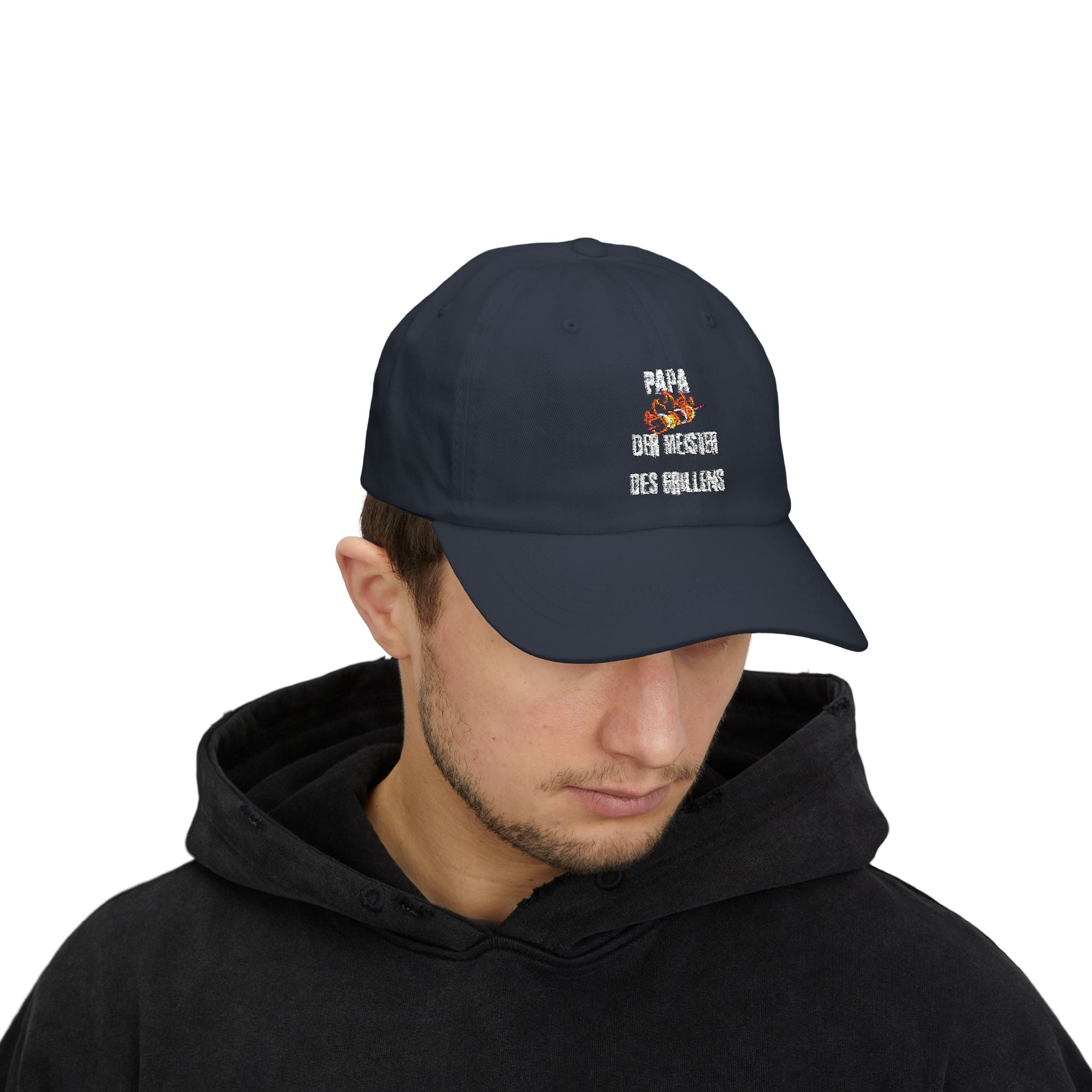 Low Profile Baseball Cap für den Papa mit ein Spruch in Marinen Blau  auf den Kopf