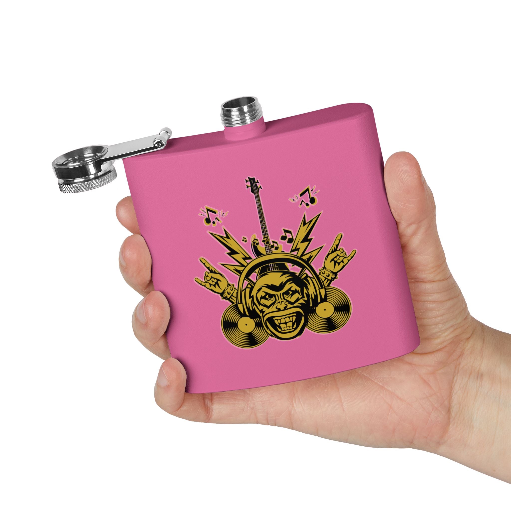 Rockin' Music Lover's Flachmann - 6oz Edelstahl-Flachmann pink in der Hand