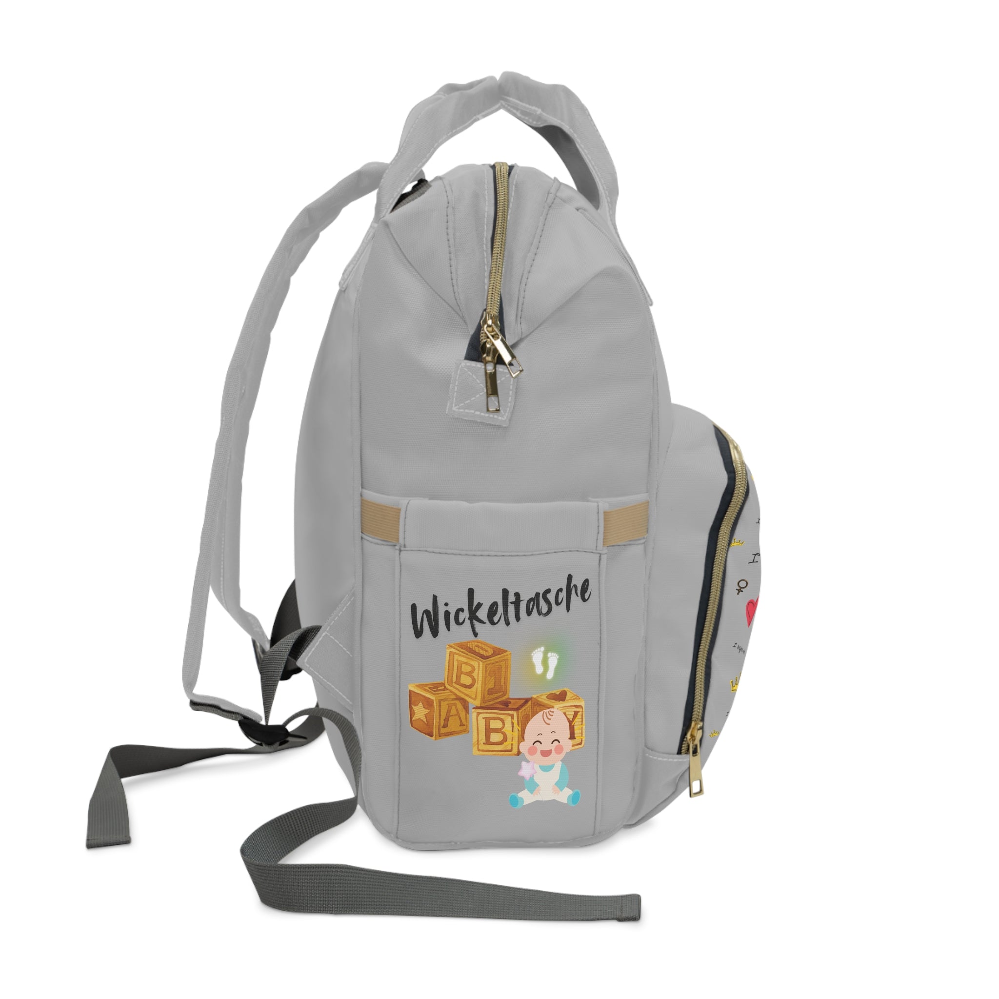 Stylischer multifunktionaler Wickelrucksack  mit ein Baby Design  mit ein Baby Design Herzen und Kronen in Grau Seite