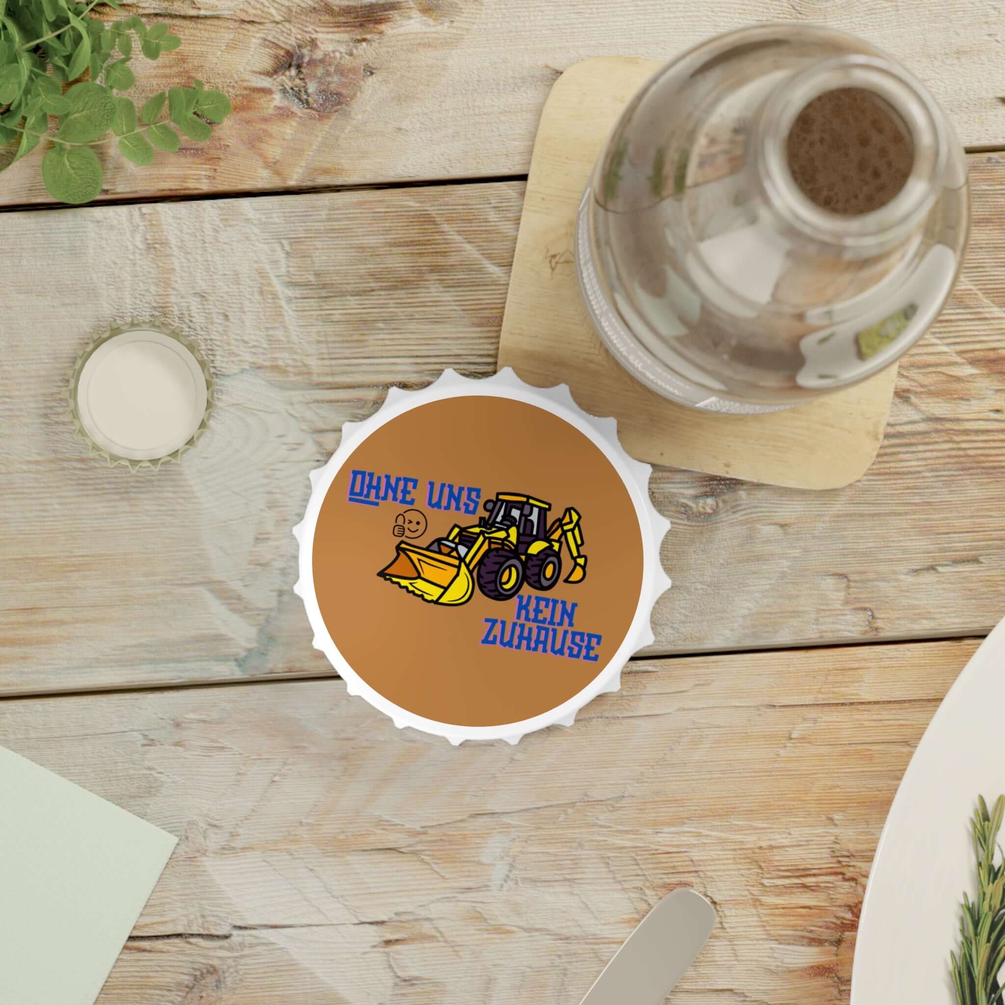 Flaschenöffner – „Ohne Uns Kein Zuhause“ (Backer-Motiv) Ein Flaschenöffner, der nicht nur praktisch ist, sondern auch eine persönliche Botschaft trägt. Mit dem Spruch „Ohne Uns Kein Zuhause“ und einem Backer-Motiv wird er zum originellen Accessoire oder G