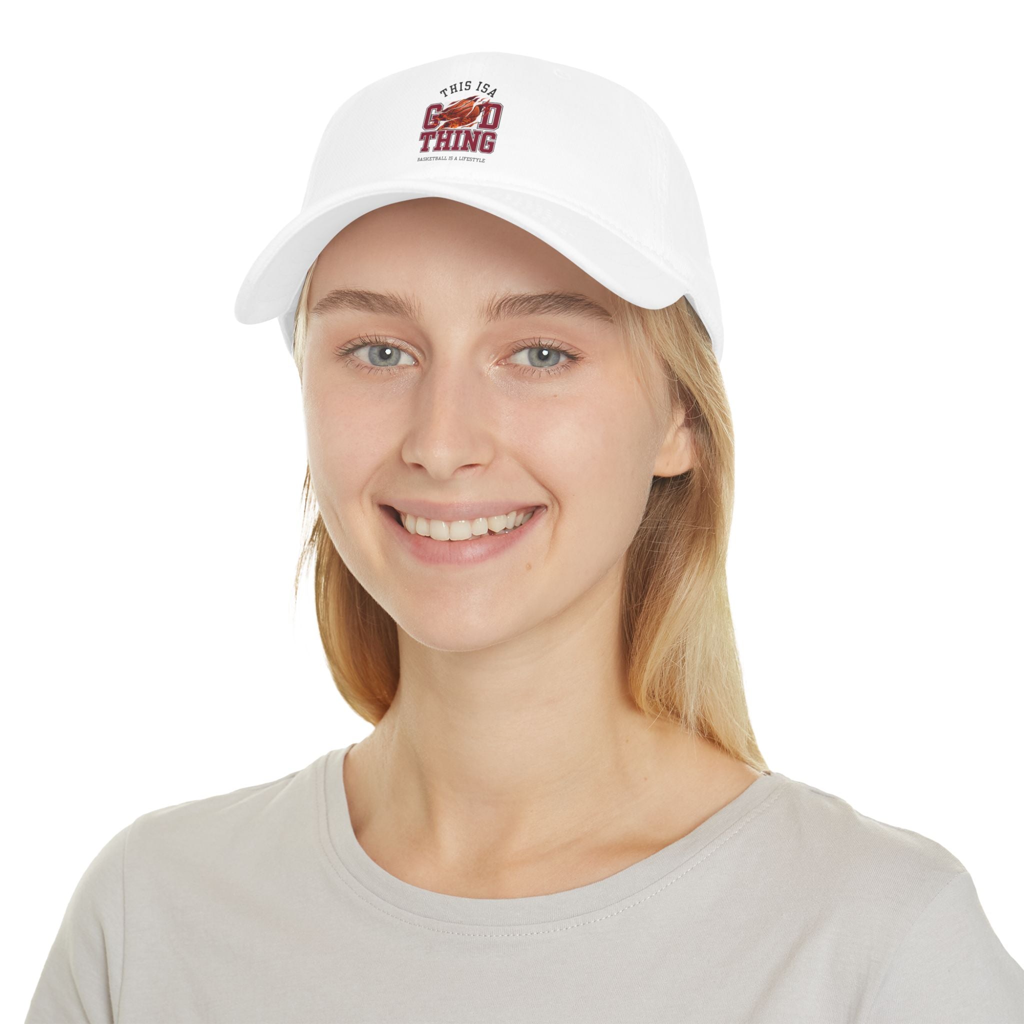 Low Profile Baseball Cap n der Farbe Weiss mit ein Design  auf den Kopf