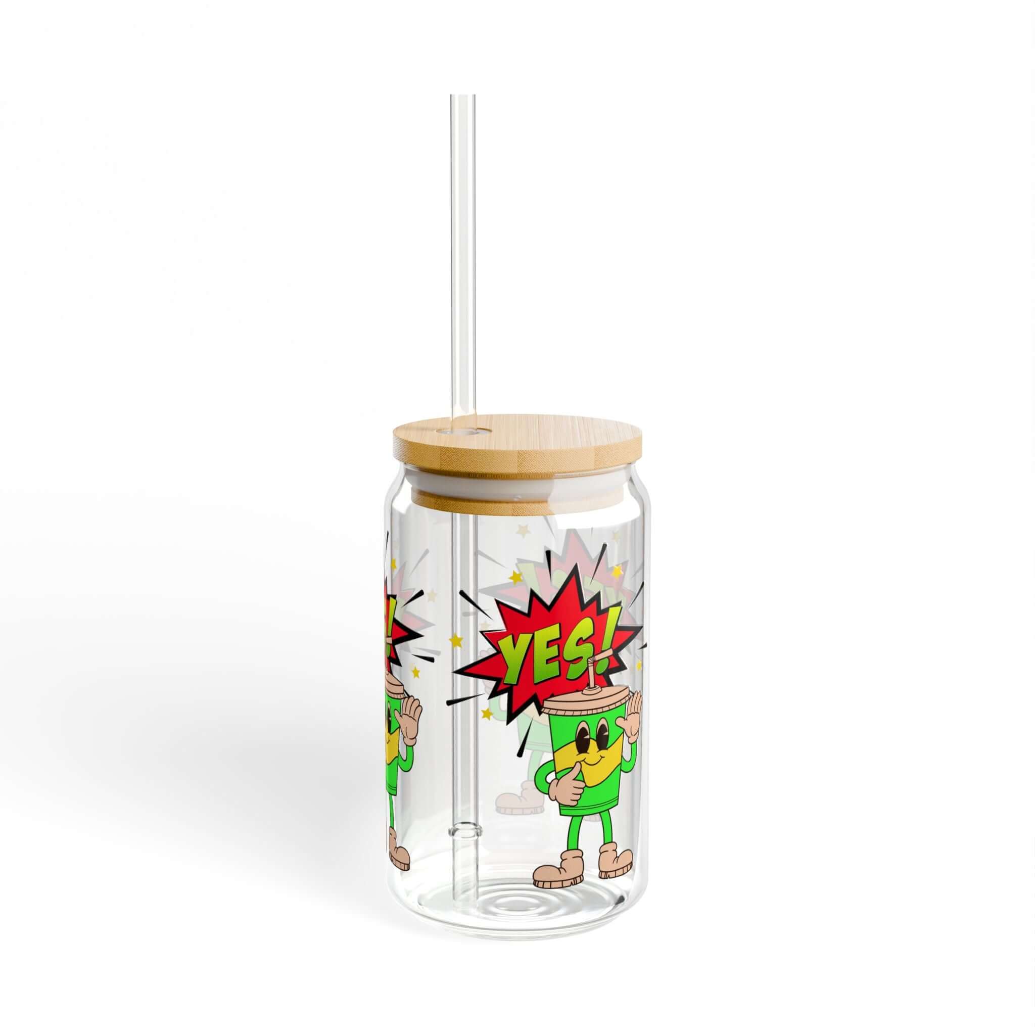 Details für Trinkglas mit Cartoon-Motiv, Bambusdeckel und Strohhalm