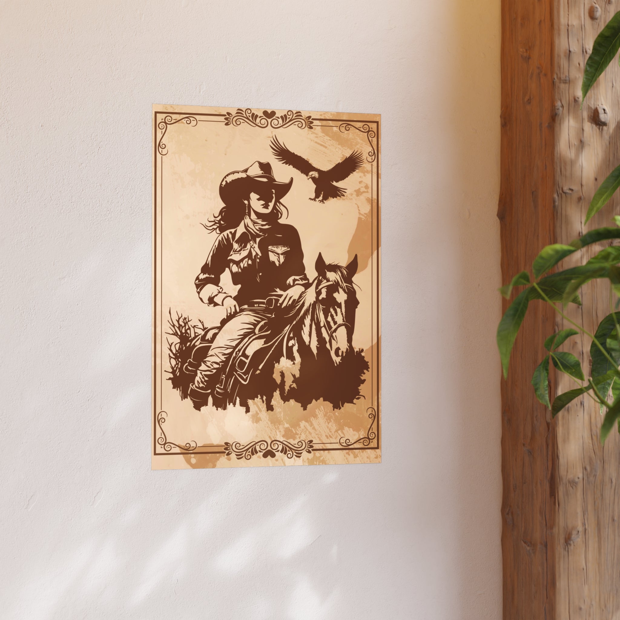 Poster - Western Reiterin sitzt auf ein Pferd im Hintergrund fliegt ein Adler