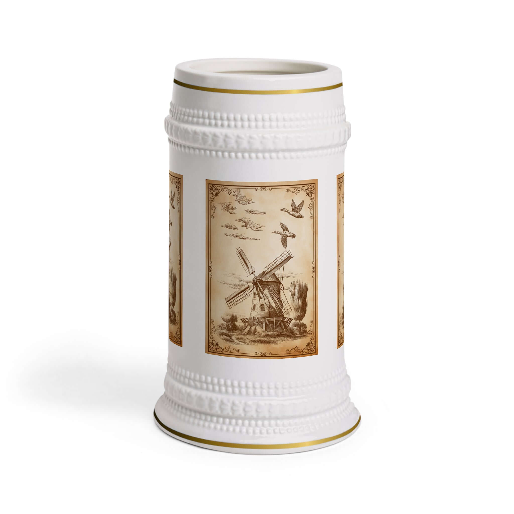 Bierkrug mit Windmühlenmotiv für Bierliebhaber Ein Bierkrug, der nicht nur zum Trinken einlädt, sondern auch eine Geschichte erzählt. Das Windmühlenmotiv verleiht ihm einen besonderen Charme und macht ihn zu einem dekorativen Highlight: Design: Detailrei