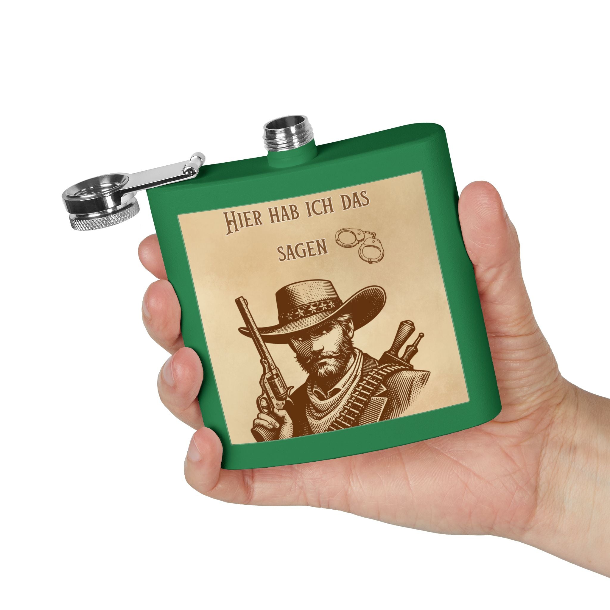 Western Cowboy Flask, Einzigartiges  Edelstahl Flachmann  Grün in der Hand