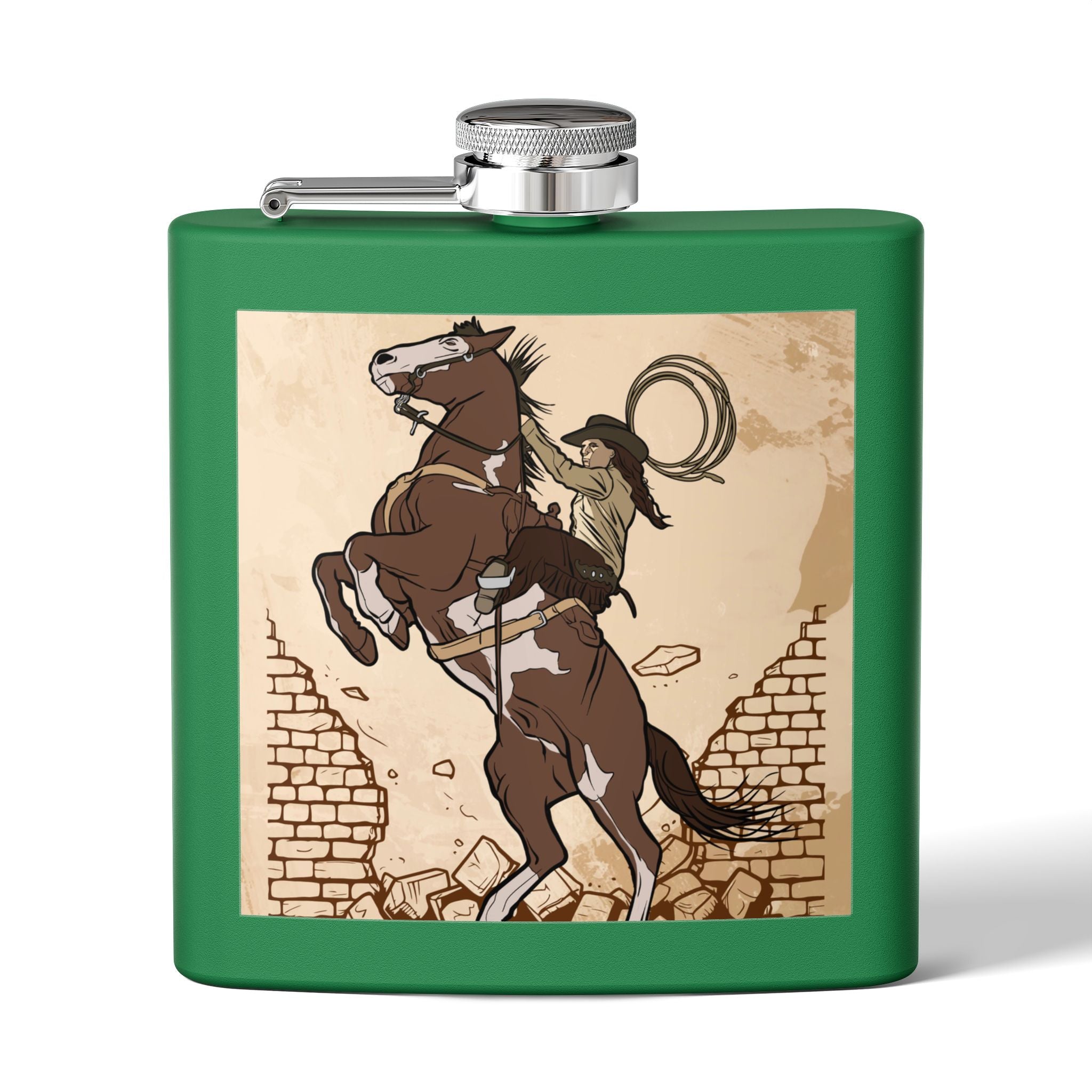 Edelstahl-Flachmann mit Cowboy-Motiv Trinkgefäß für Abenteurer grün