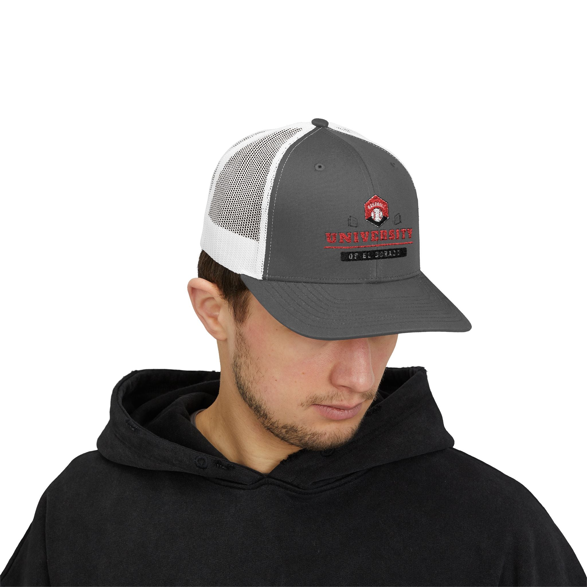 Snapback Trucker Cap auf den Kopf weiß grau