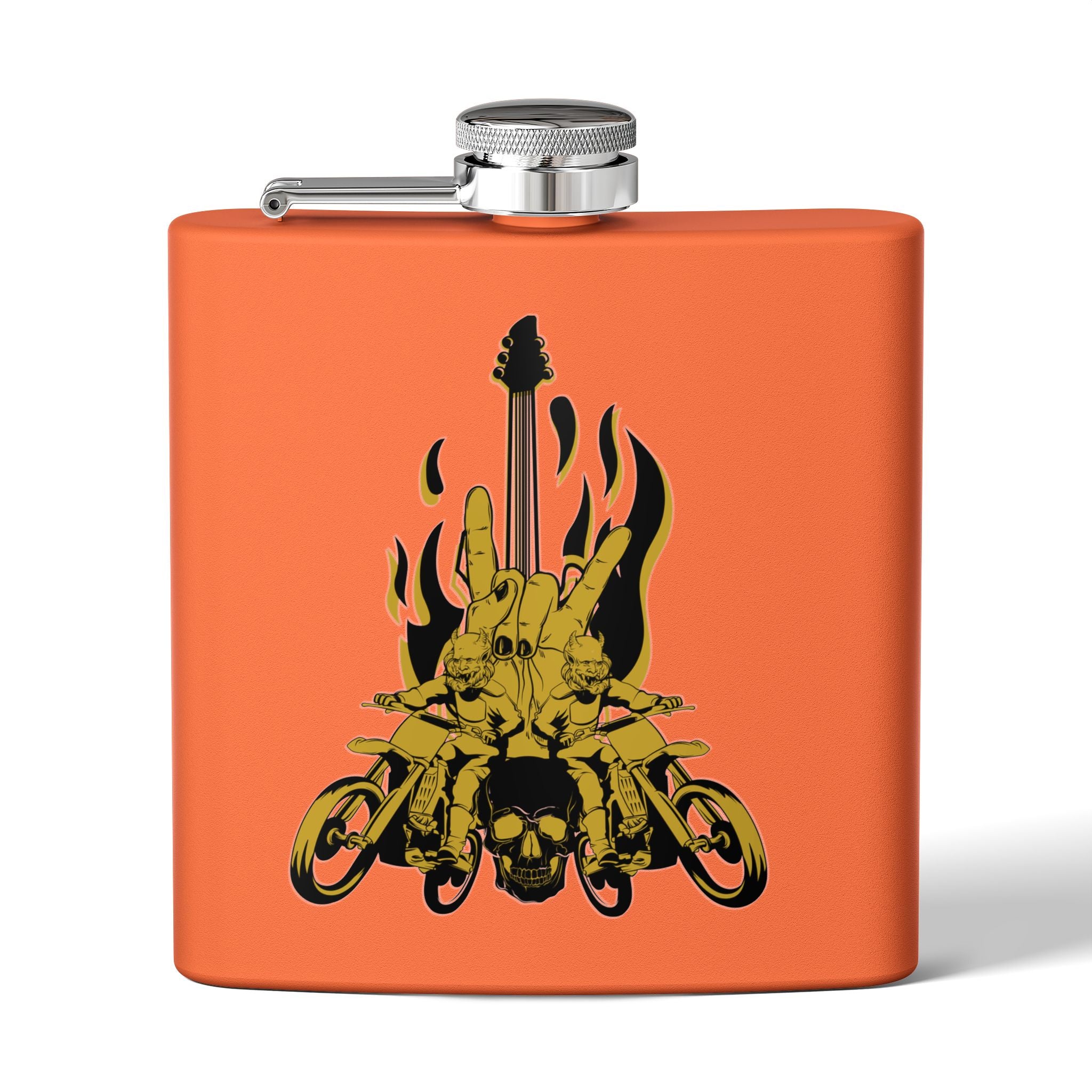 Edelstahl-Flachmann mit Rock 'n' Roll-Motiv Totenkopf- und Gitarren-Design      orange