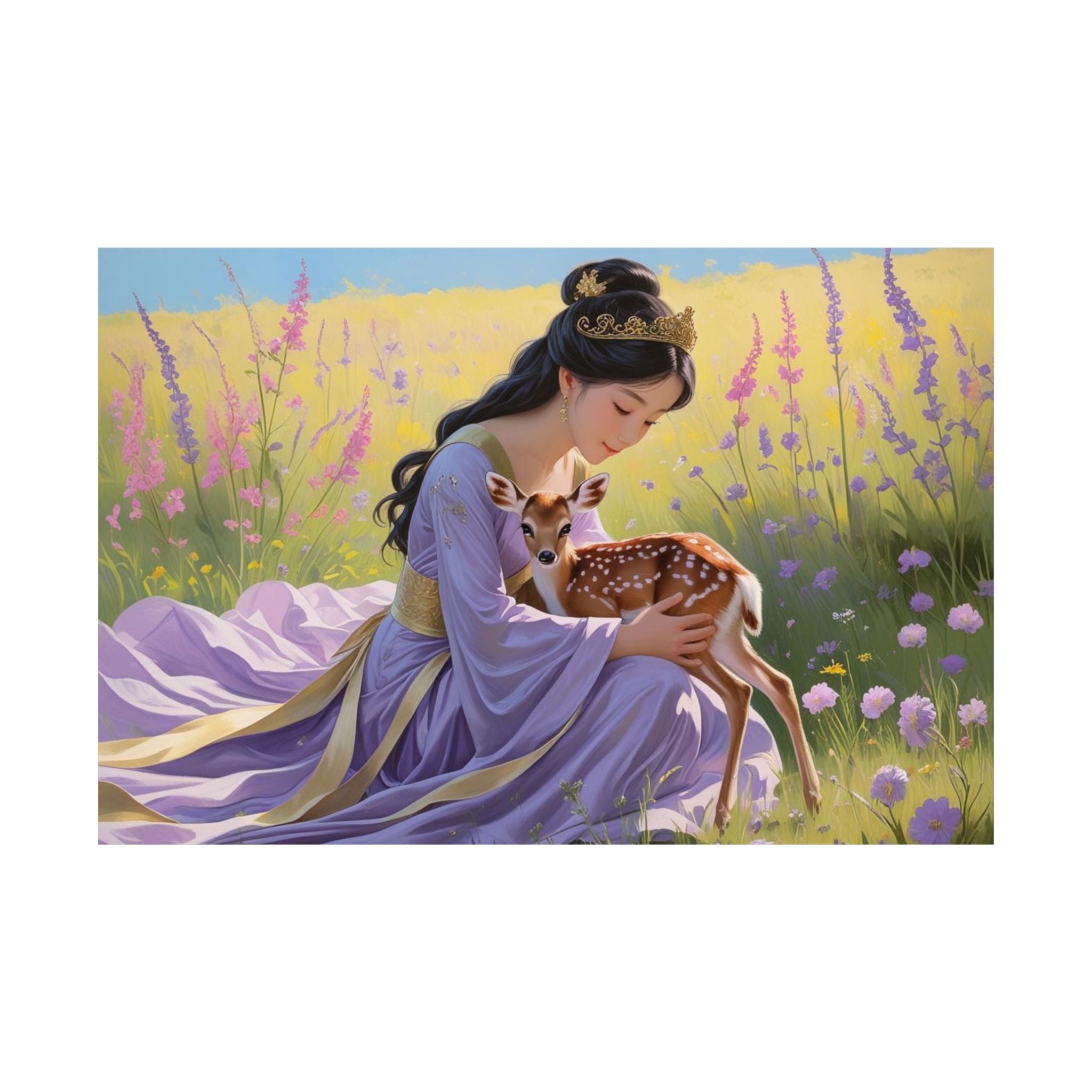 Zauberhafte Satin-Wandkunst: Wunderliches Naturposter  mit eine Prinzessin und ein Rehkitz