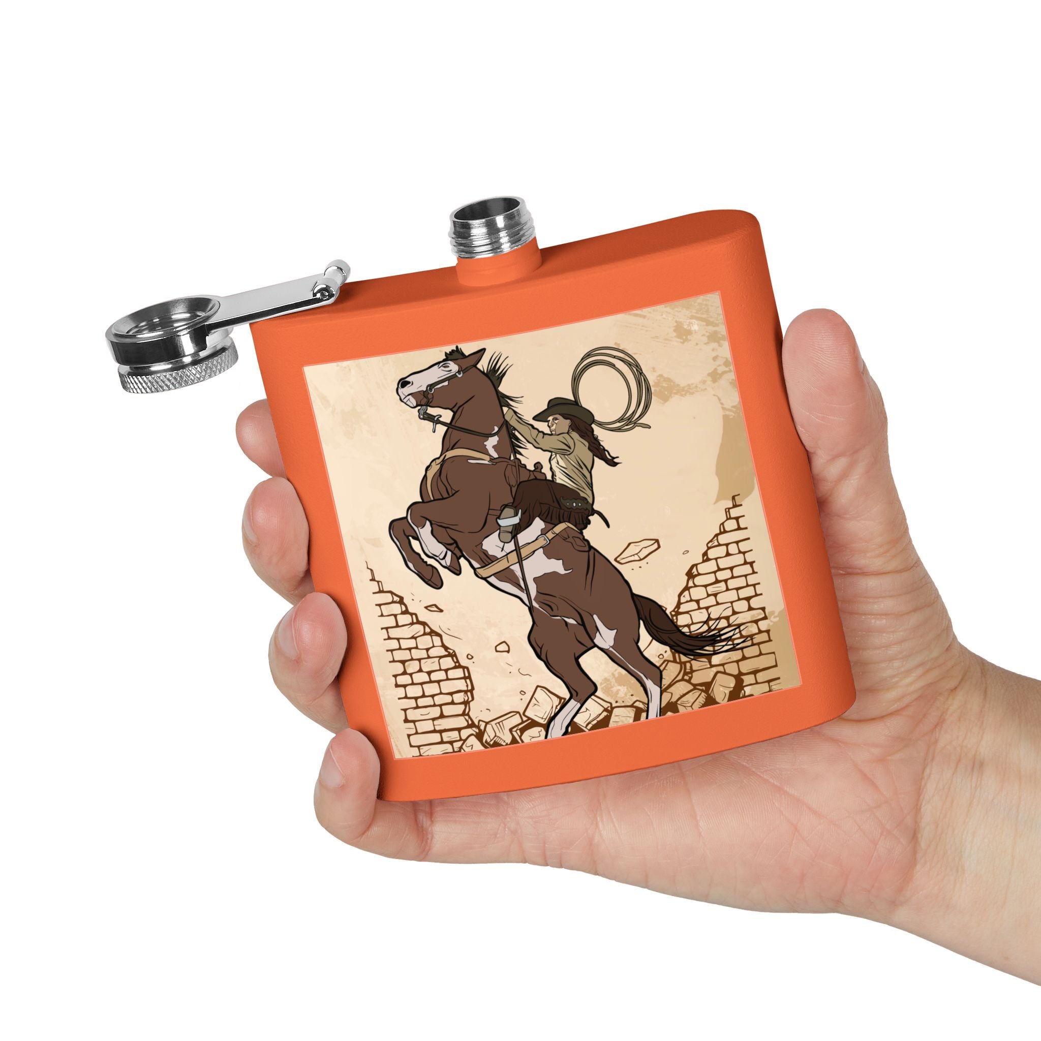 Edelstahl-Flachmann mit Cowboy-Motiv Trinkgefäß für Abenteurer orange in der Hand