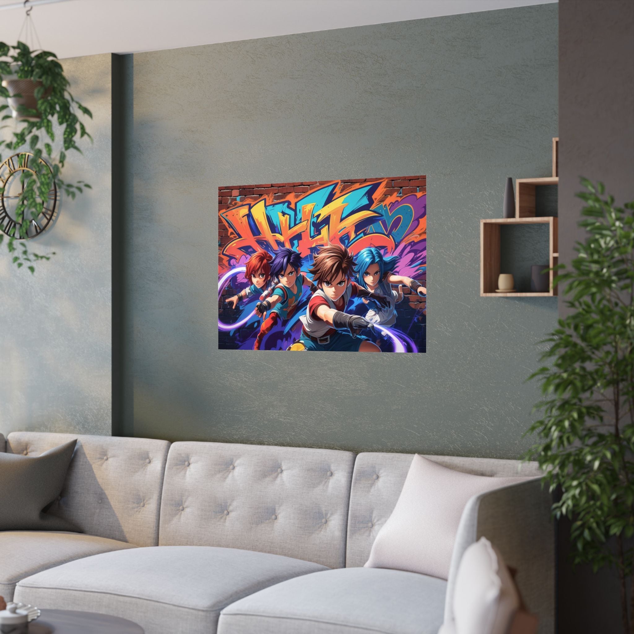 Lebendiger Satin-Wandkunstdruck, Poster im Graffiti-Stil für Gamer über  das Sofa
