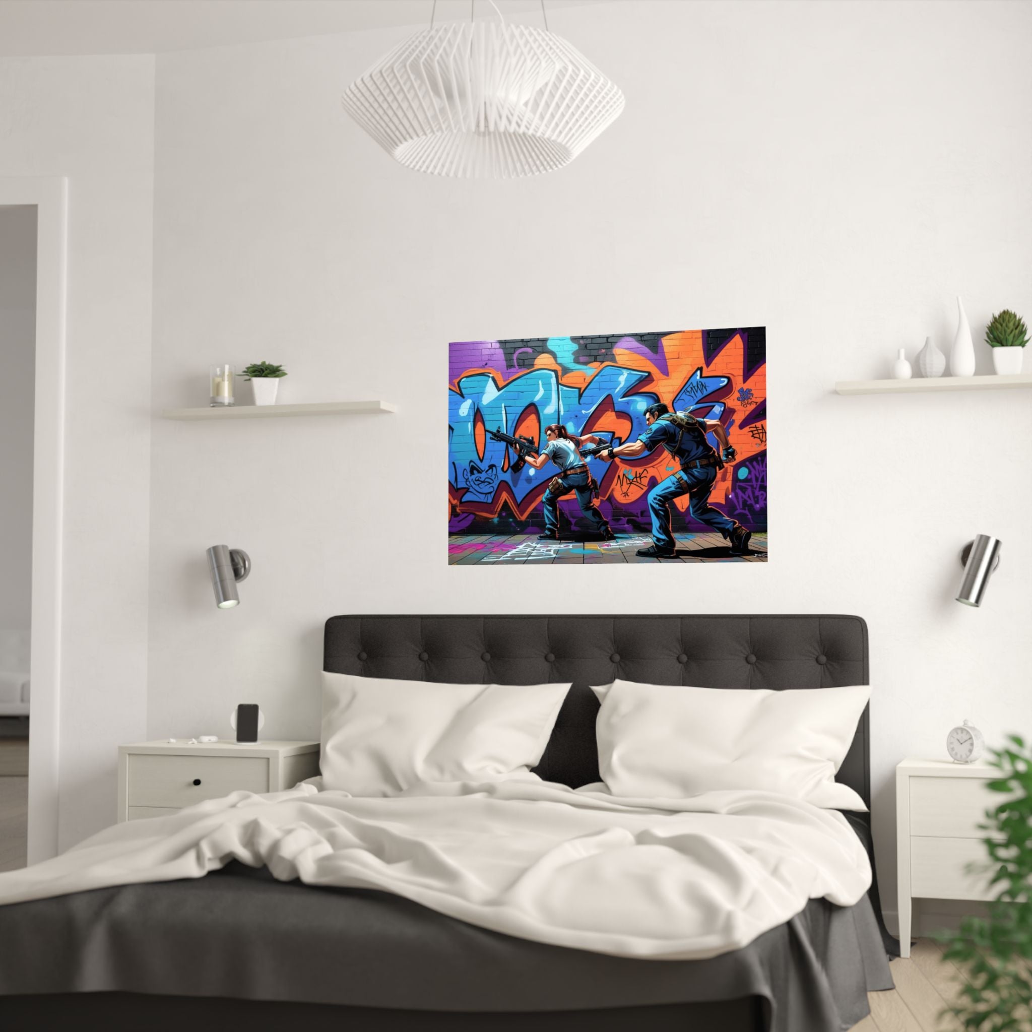 Lebendiger Satin-Wandkunstdruck, Poster im Graffiti-Stil für Gamer über  das Bett