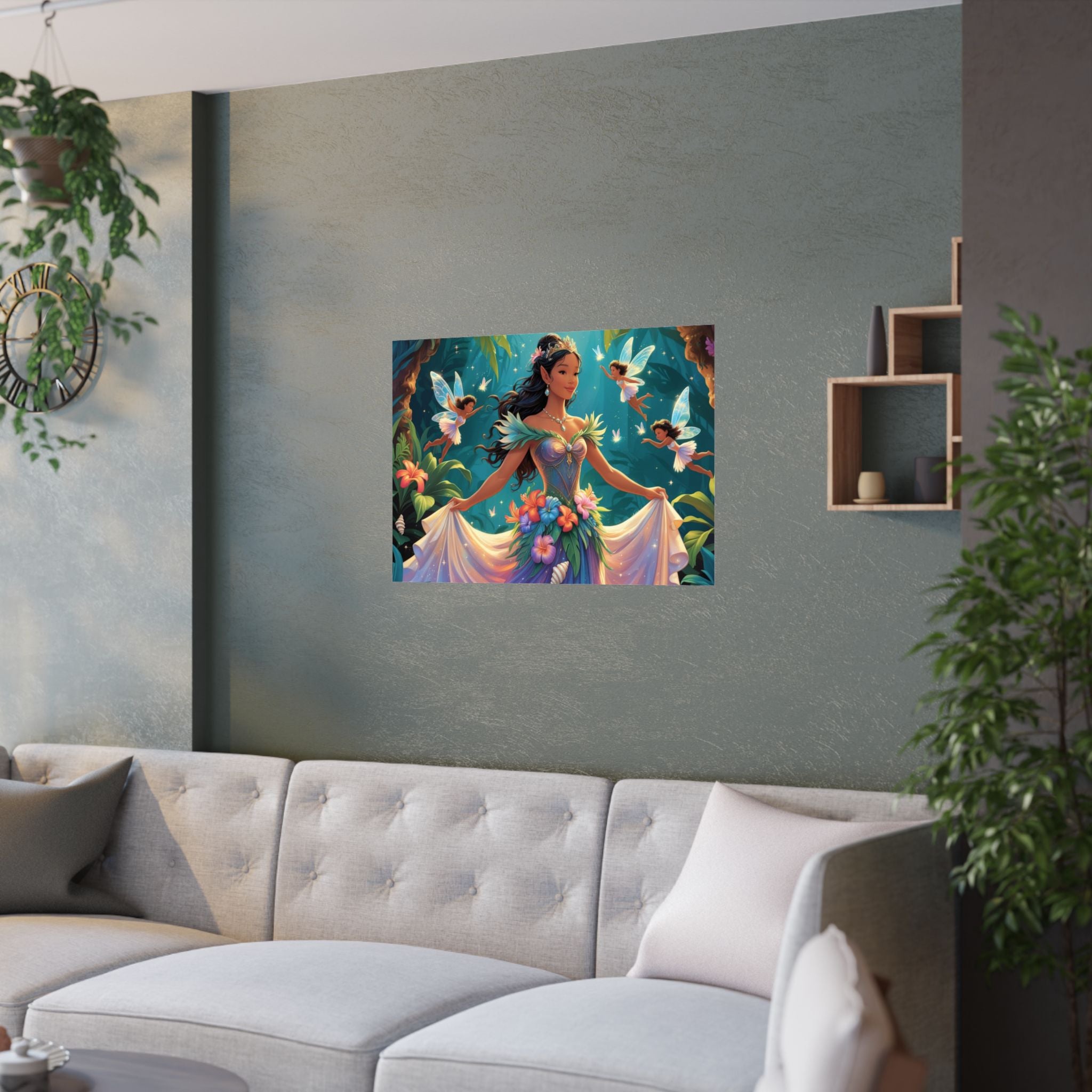 Zauberhafter Feen-Wandkunstdruck, Verträumtes Wohndekor Fantasy Design über das Sofa