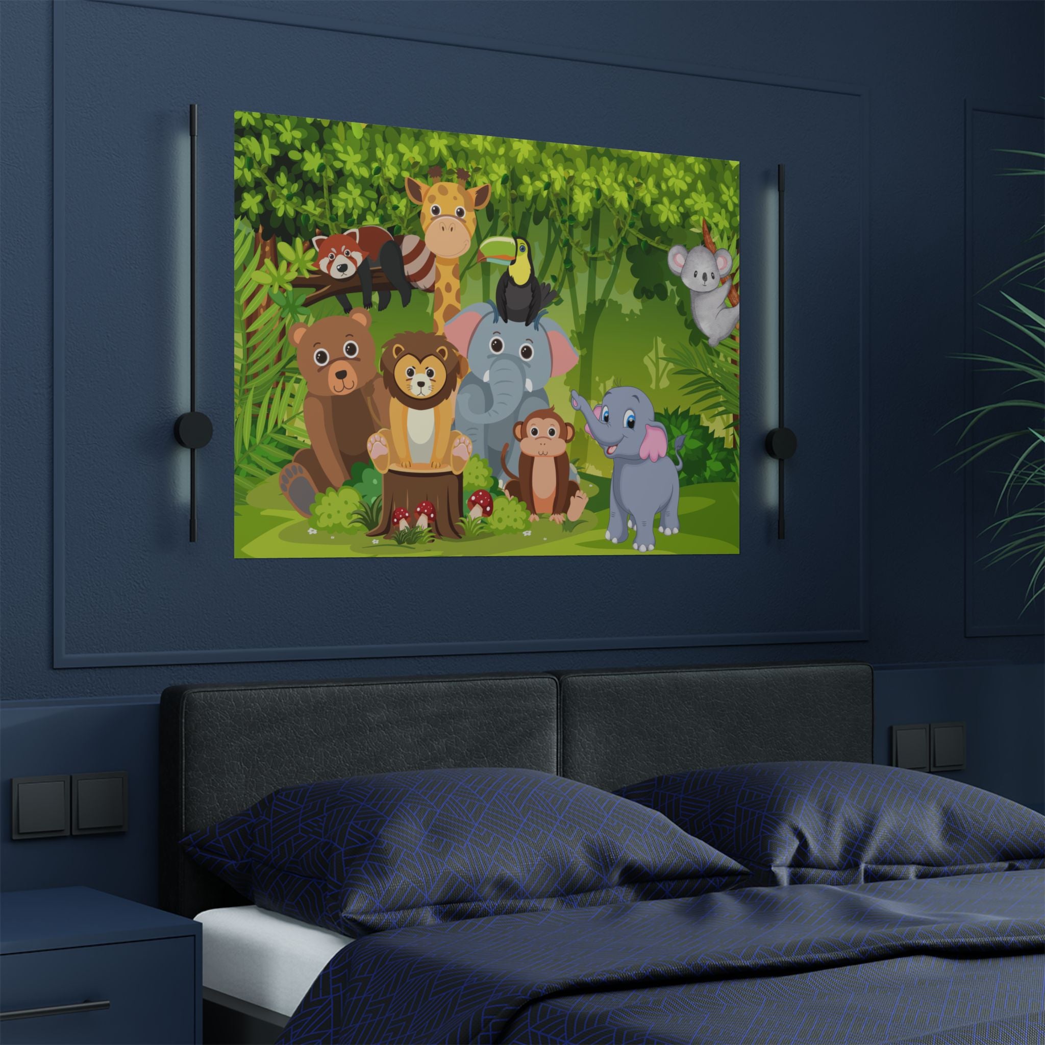 Buntes Satin-Poster mit Tierfreunden Kinderzimmer-Dekor über  das Bett