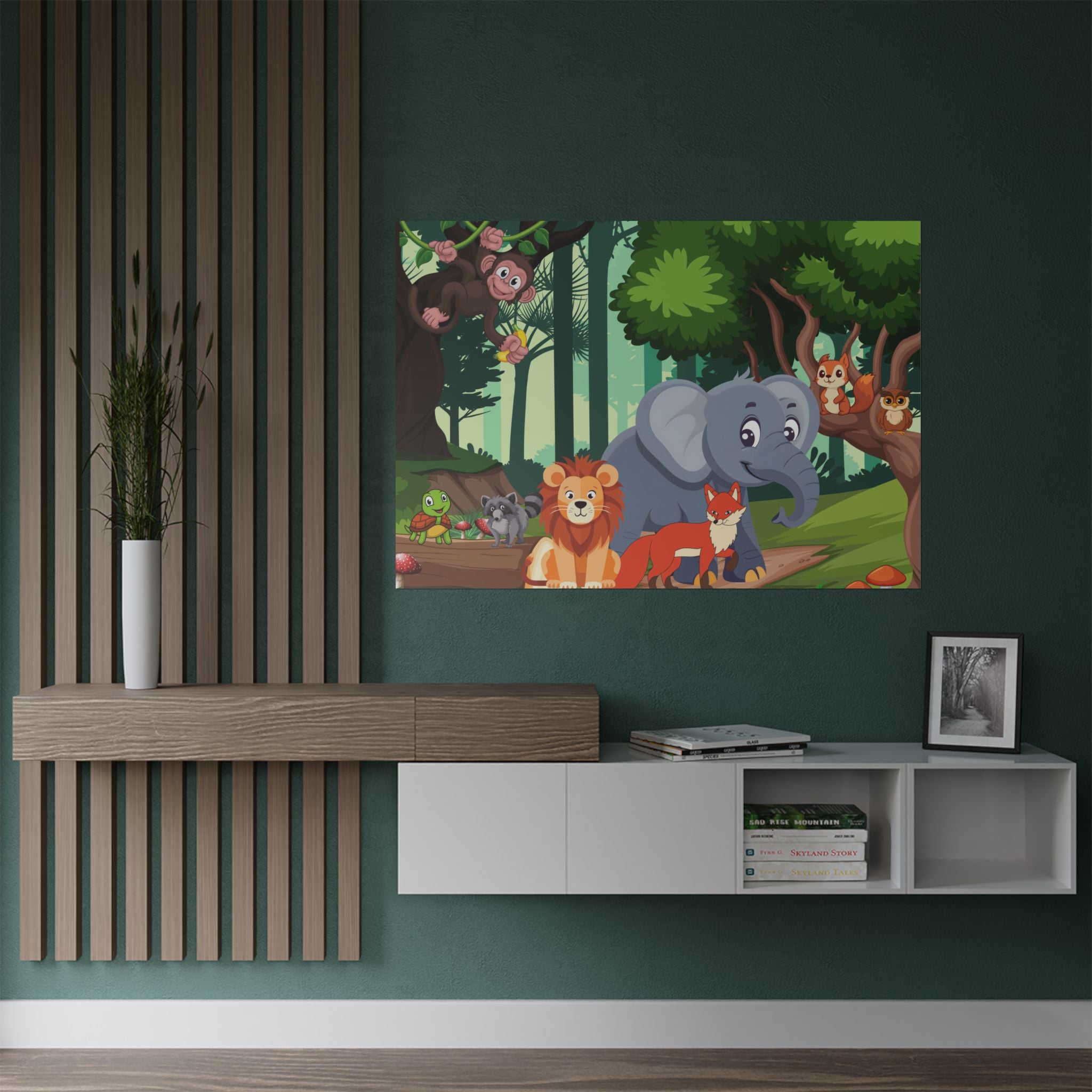 Verspieltes Tier-Kunstposter, Kinderzimmer Dschungel über die Anrichte