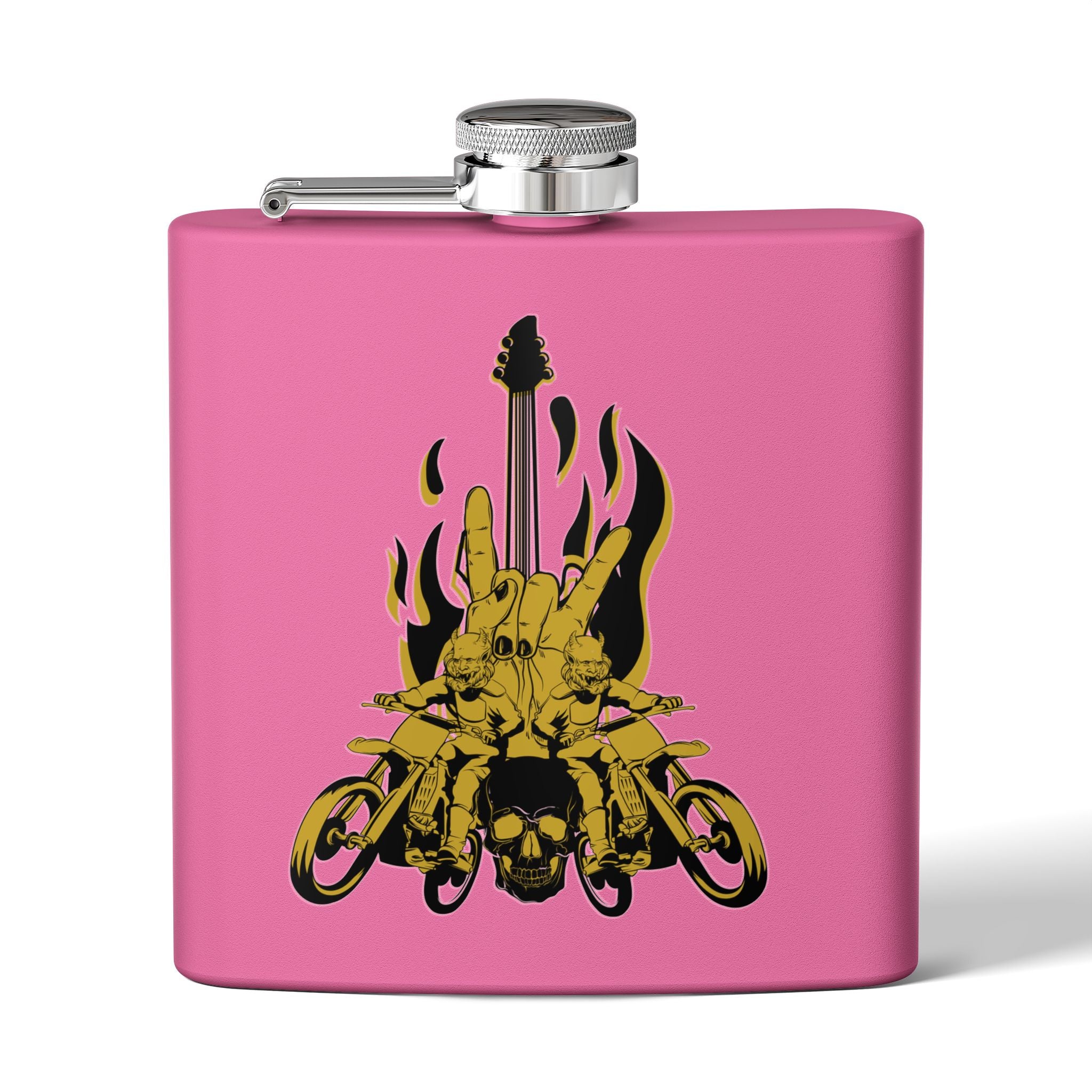 Edelstahl-Flachmann mit Rock 'n' Roll-Motiv Totenkopf- und Gitarren-Design      pink