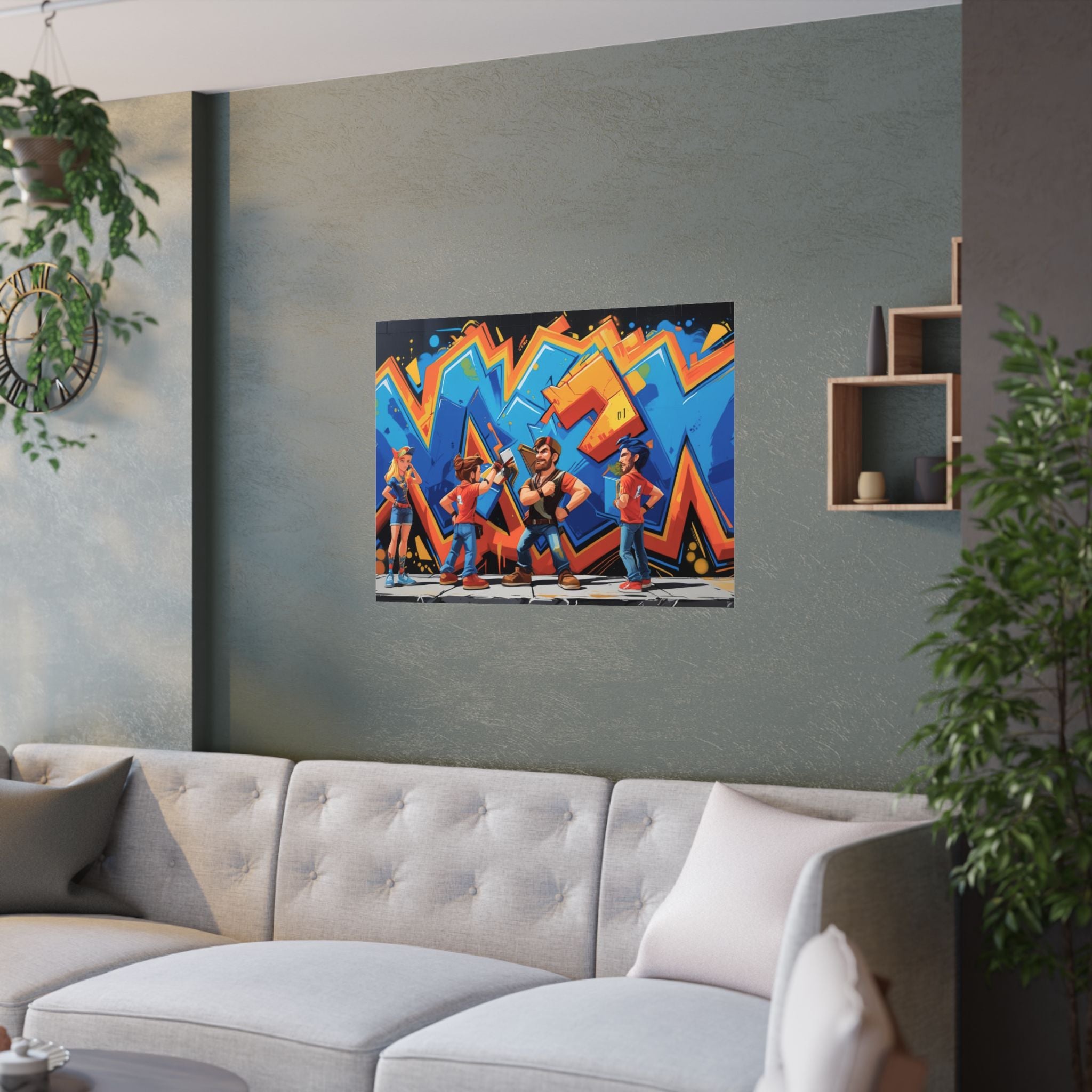 Lebendiger Satin-Wandkunstdruck, Poster im Graffiti-Stil für Gamer  hängt über  das Sofa