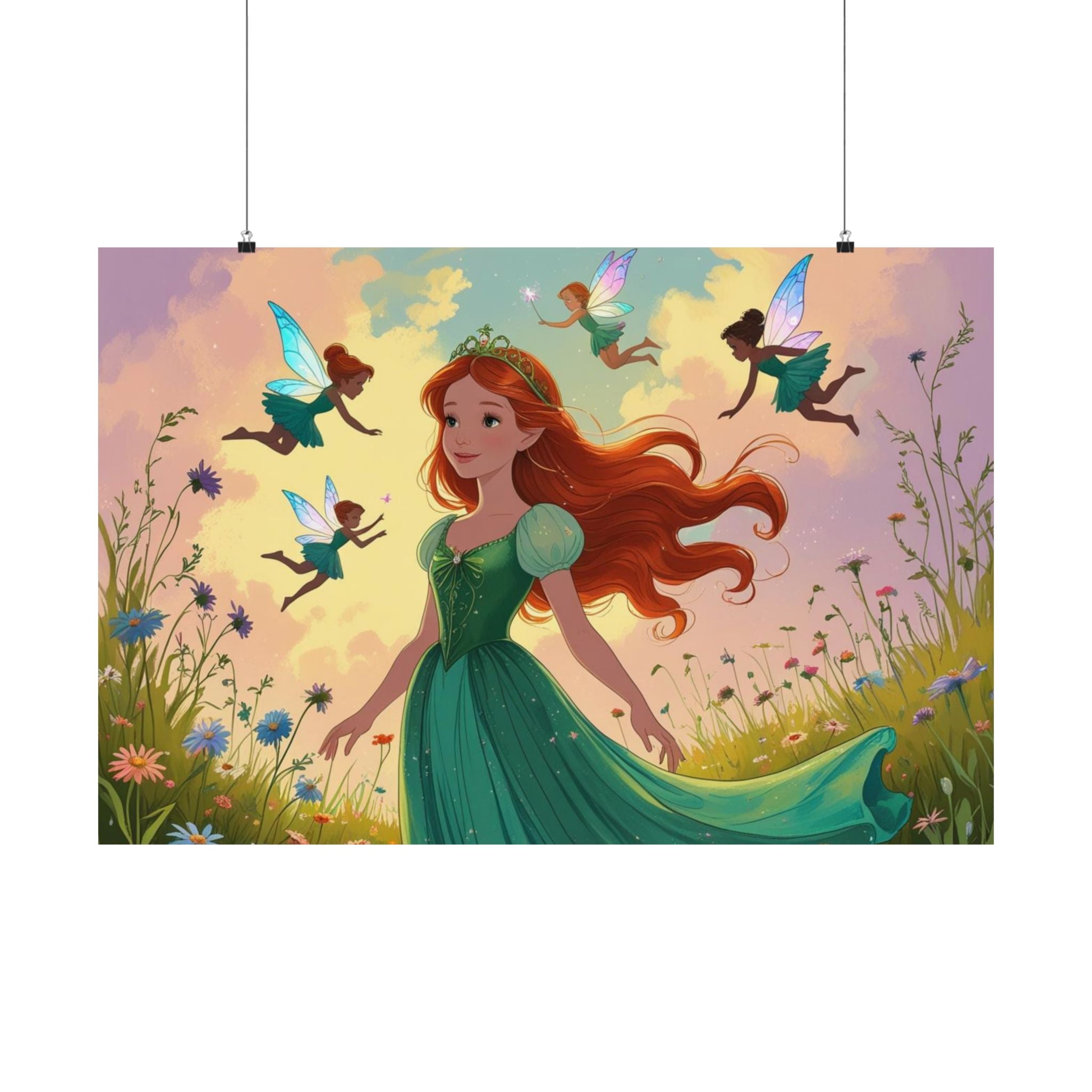 Märchen Satin Poster, Zauberhafte Wandkunst mit einer Prinzessin und Feen