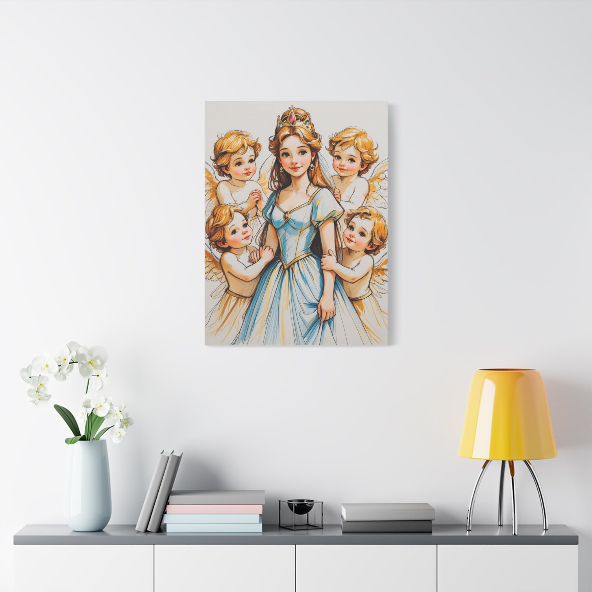 Leinwand Bild  Prinzessin mit kleine Engel in Mal Motiv an die Wand