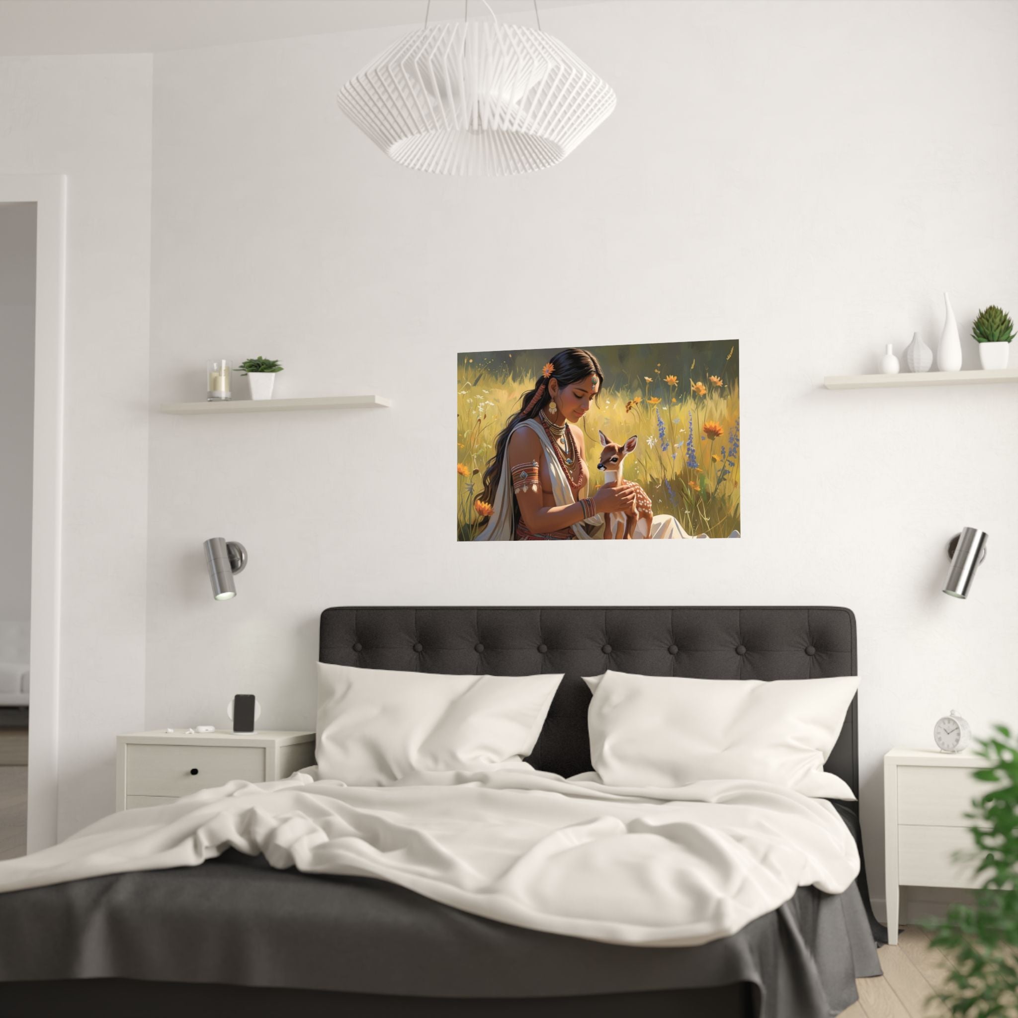 Elegante, von der Natur inspirierte Satin-Poster, Boho-Wandkunst hängt über das Bett