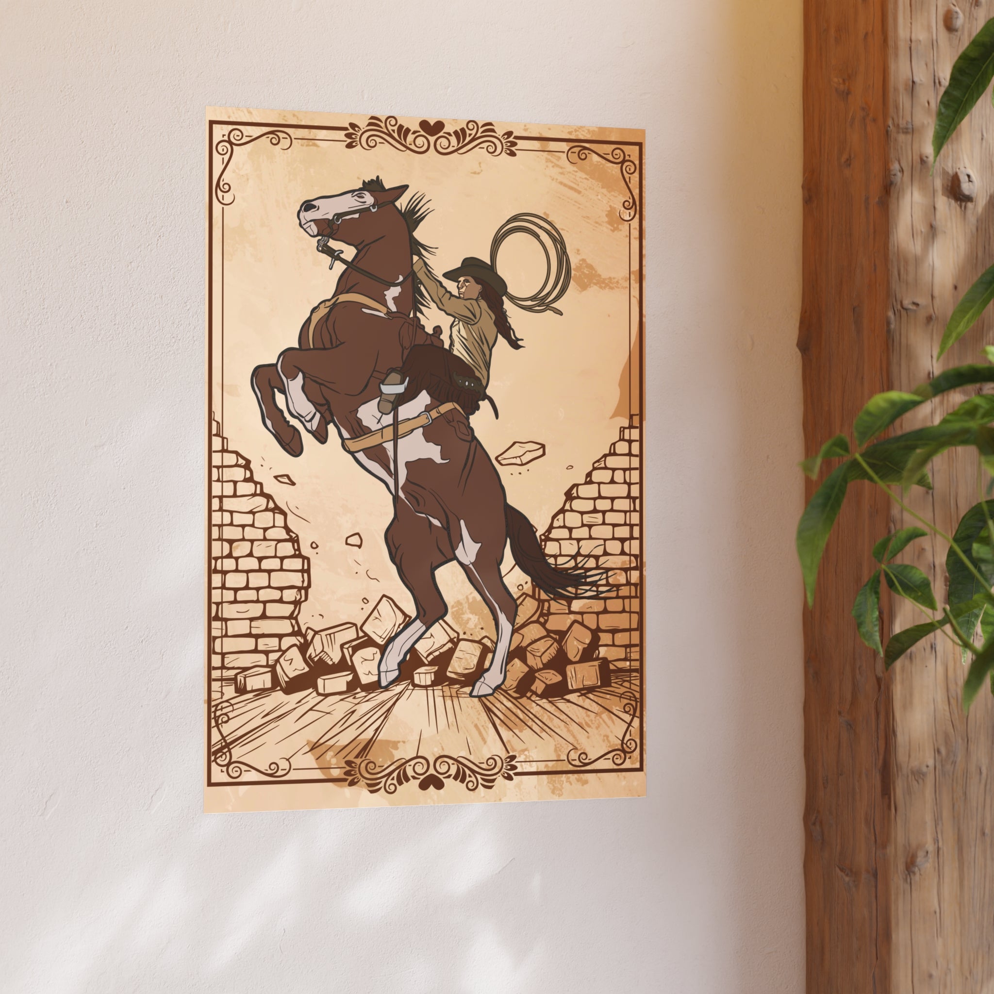 Rustikaler Pferde Kunstdruck, Vintage Pferde Poster in Beige an die Wand