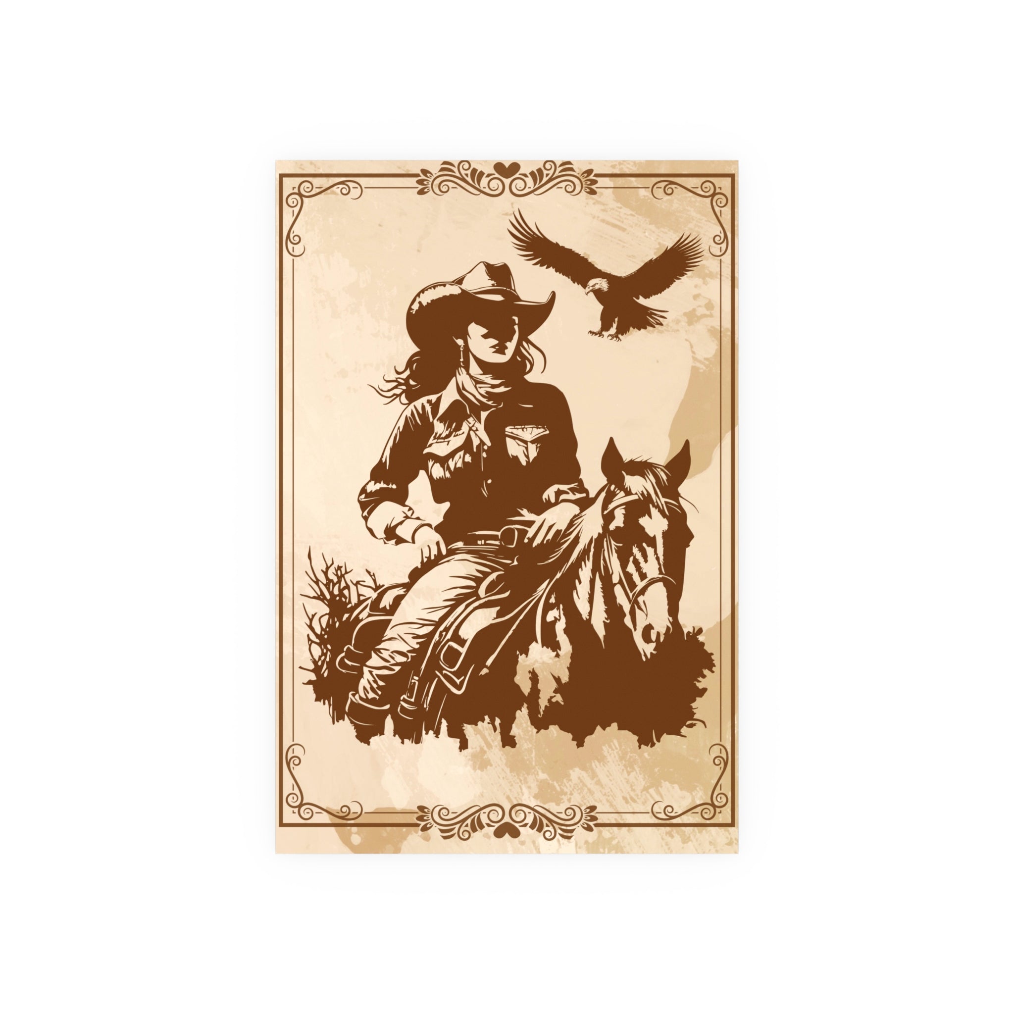 Poster - Western Reiterin sitzt auf ein Pferd im Hintergrund fliegt ein Adler